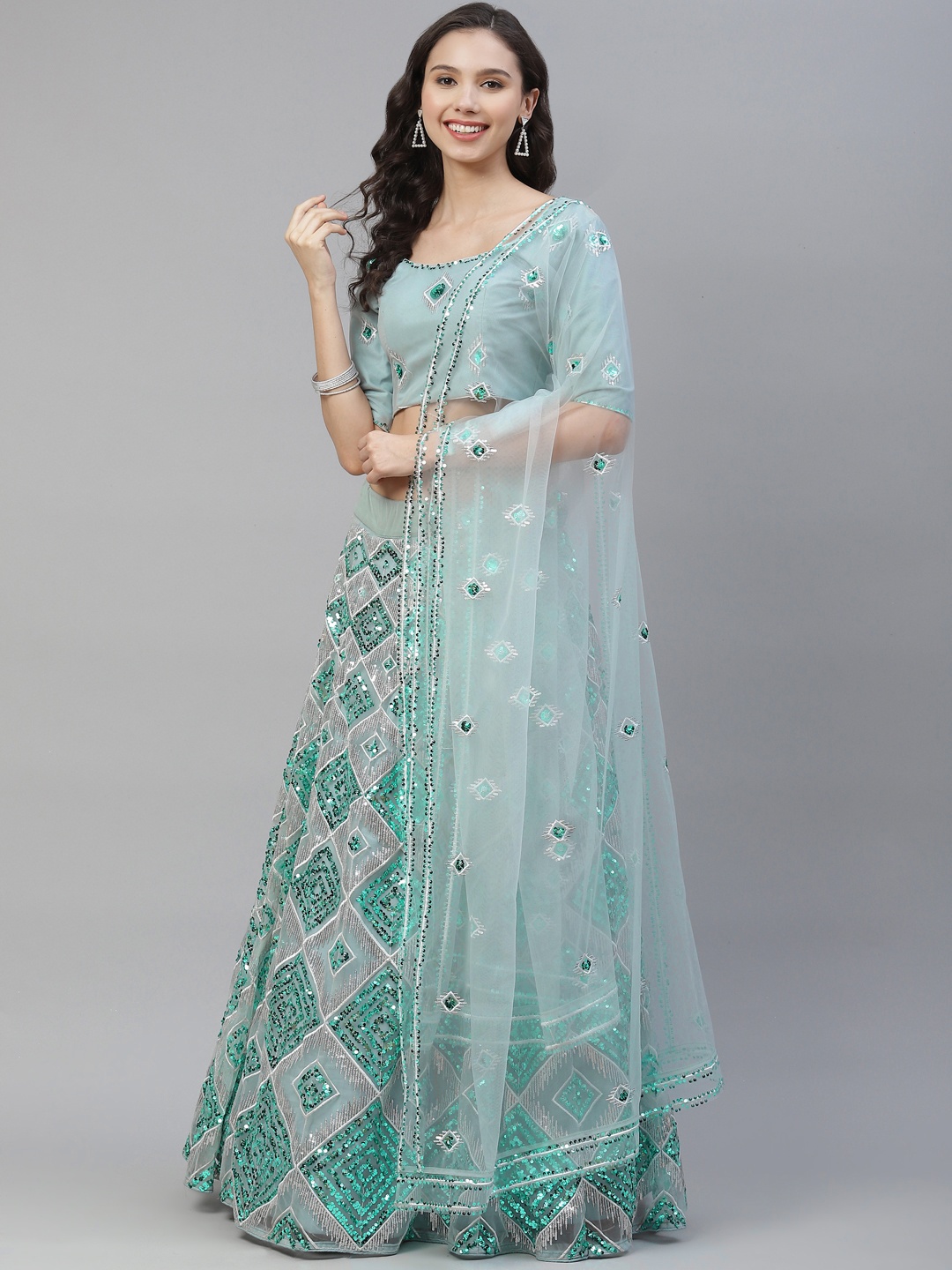 

SHUBHKALA Sea Green & Silver Sequinned Semi-Stitched Lehenga & Unstitched Blouse With