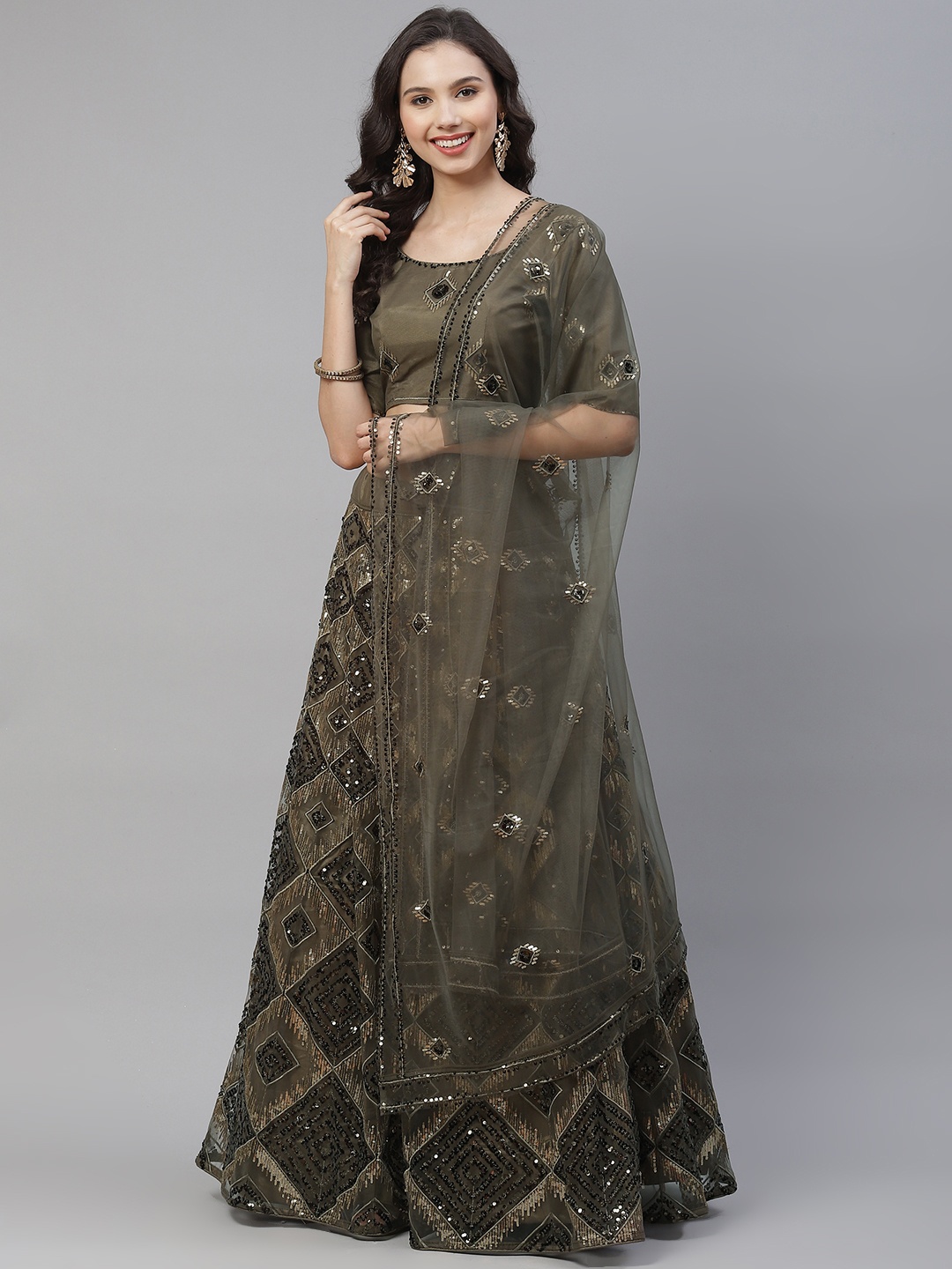 

SHUBHKALA Olive Green & Gold Embellished Semi-Stitched Lehenga & Unstitched Blouse With