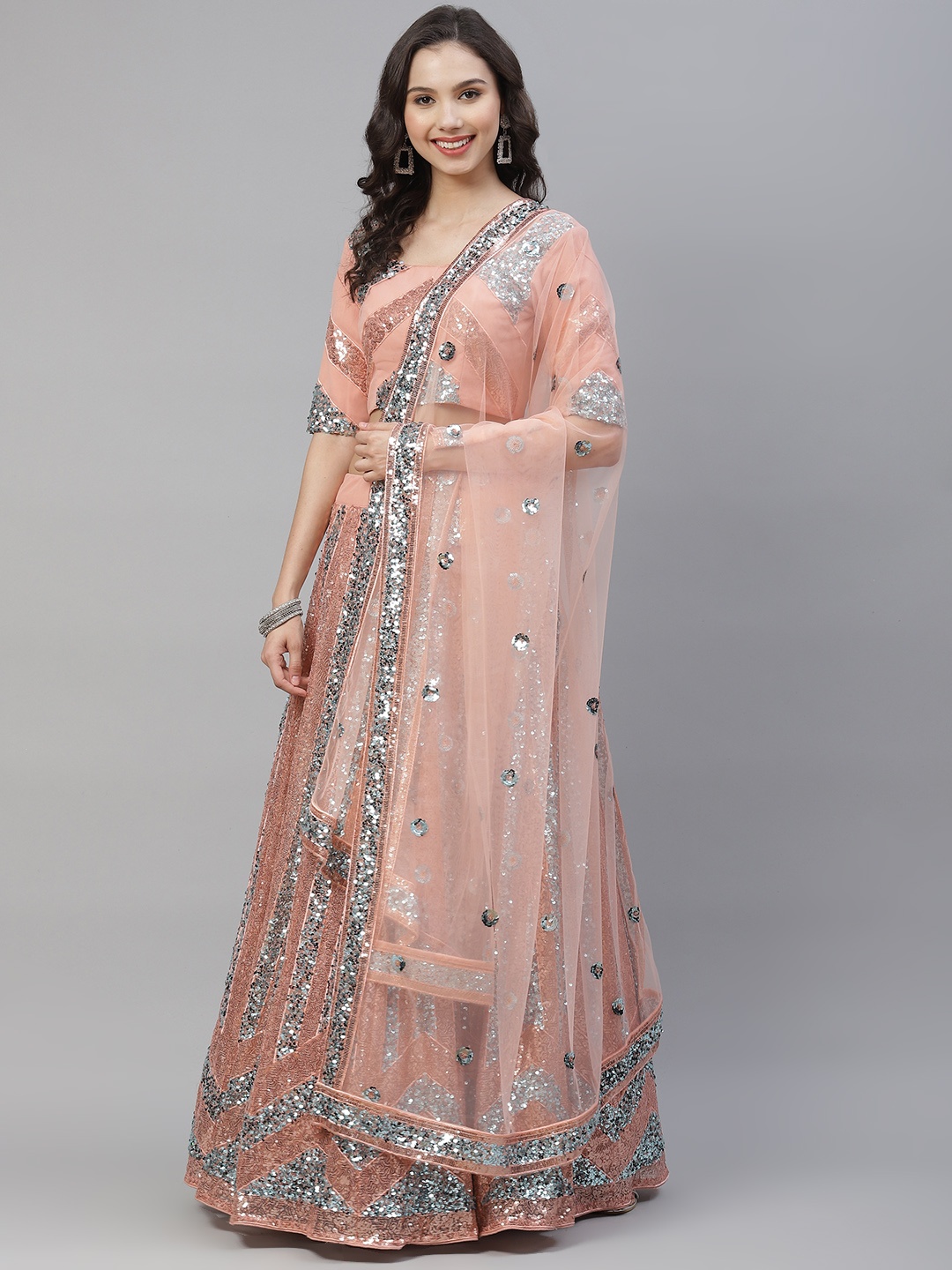 

SHUBHKALA Peach-Coloured & Blue Embellished Sequinned Semi-Stitched Lehenga & Unstitched Blouse With Dupatta