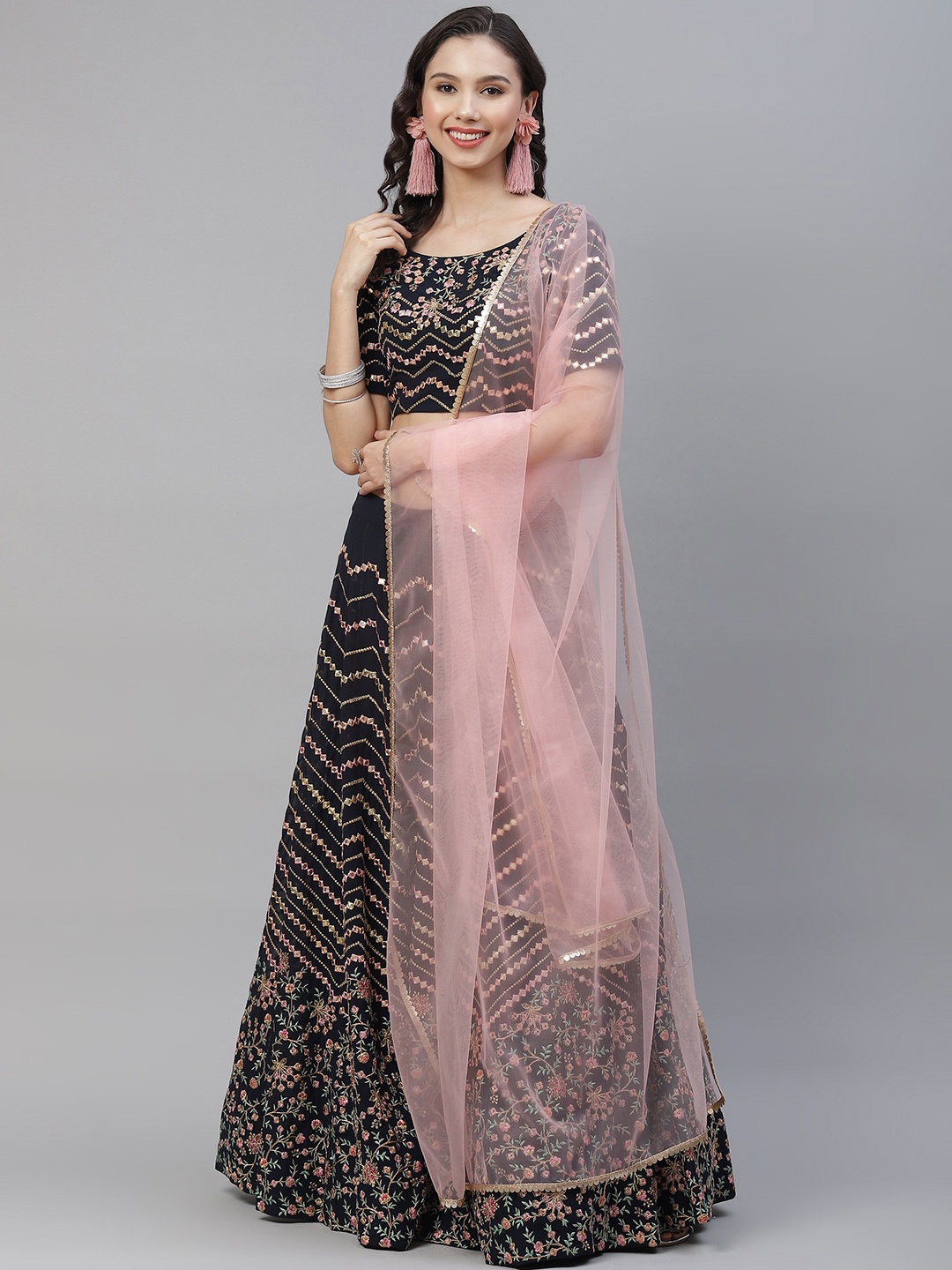 

SHUBHKALA Navy Blue & Pink Embroidered Mirror Work Semi-Stitched Lehenga & Unstitched Blouse With Dupatta