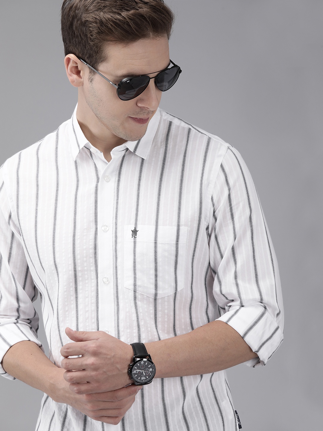

French Connection Men White & Grey Slim Fit Opaque Striped Casual Shirt