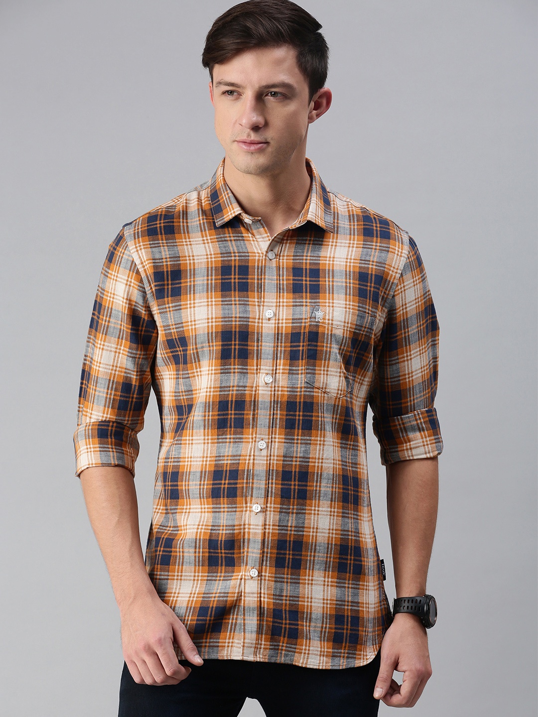 

French Connection Men Brown & Navy Blue Checked Pure Cotton Casual Shirt