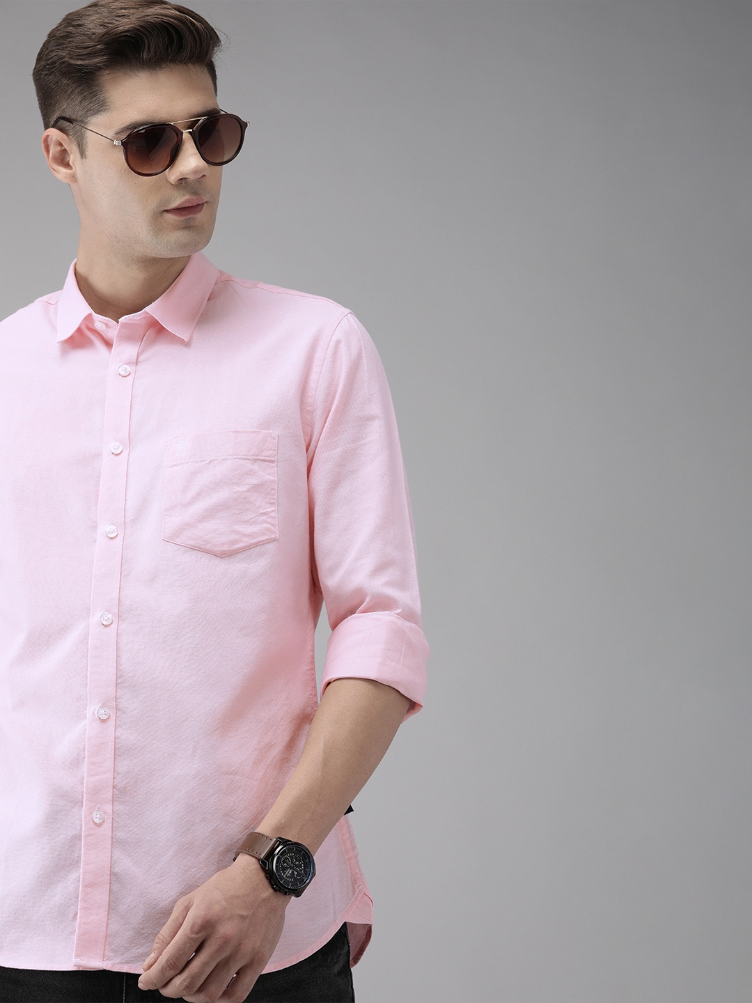 

French Connection Men Pink Solid Pure Cotton Slim Fit Casual Shirt