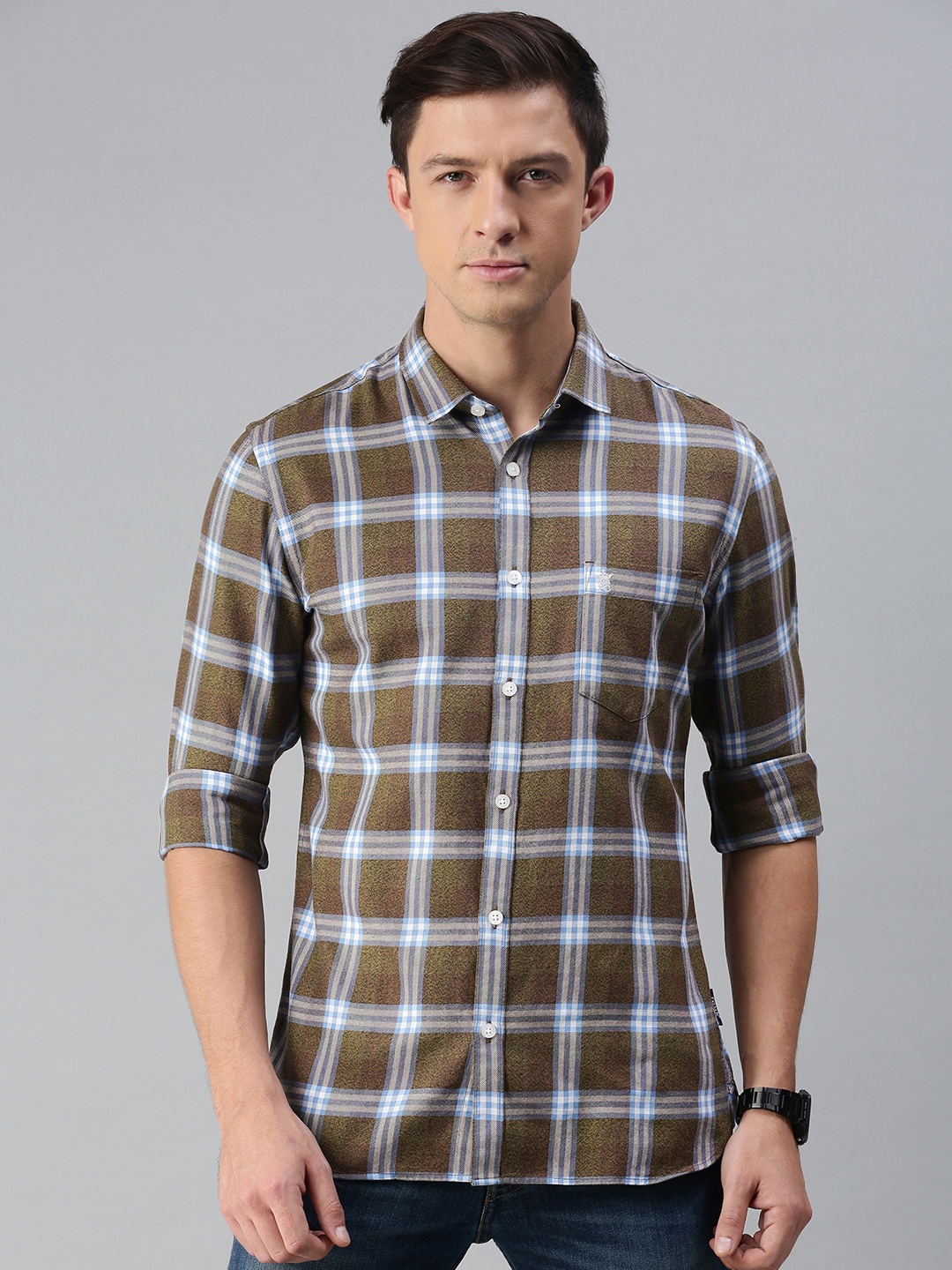 

French Connection Men Brown Slim Fit Checked Pure Cotton Casual Shirt
