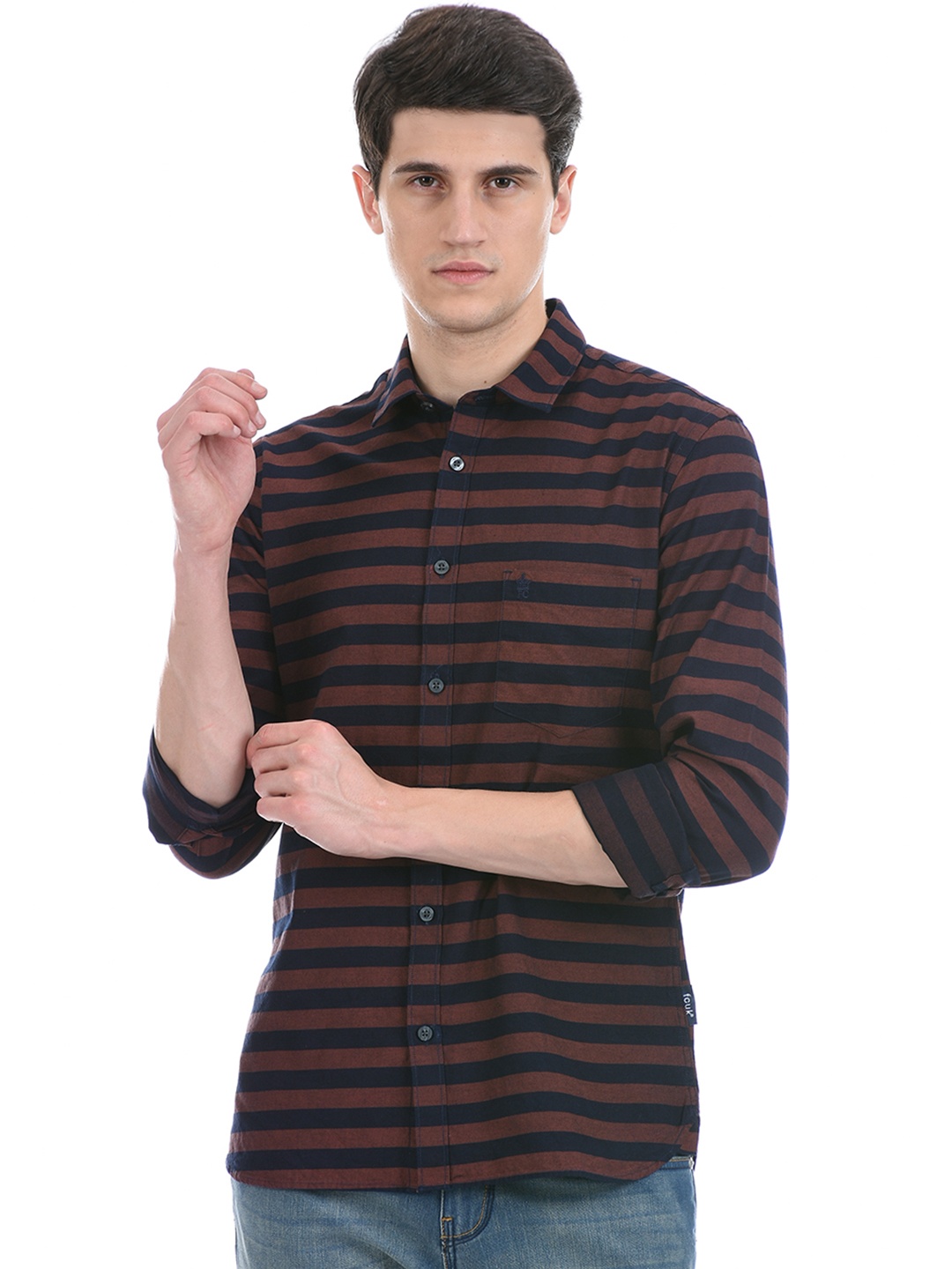 

French Connection Men Brown & Navy Blue Slim Fit Horizontal Stripes Striped Casual Shirt