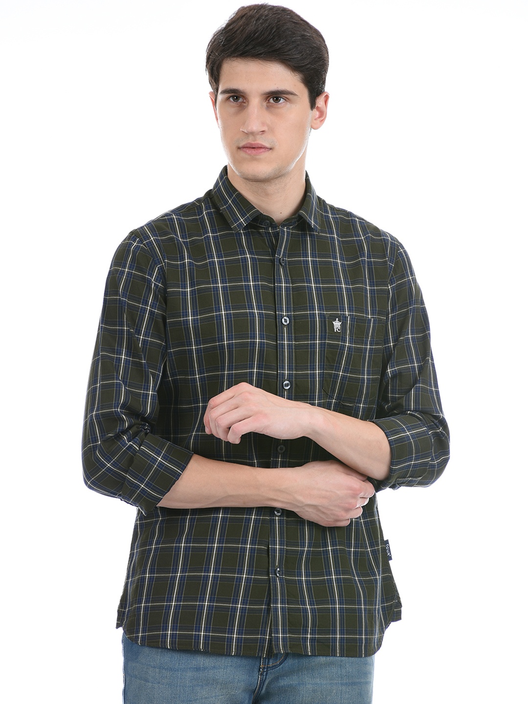 

French Connection Men Olive Green & Navy Blue Slim Fit Checked Casual Shirt