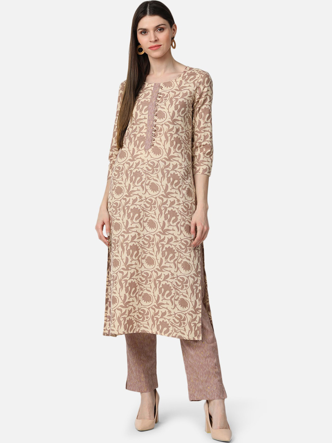 

AHIKA Women Beige Printed Kurta with Trousers
