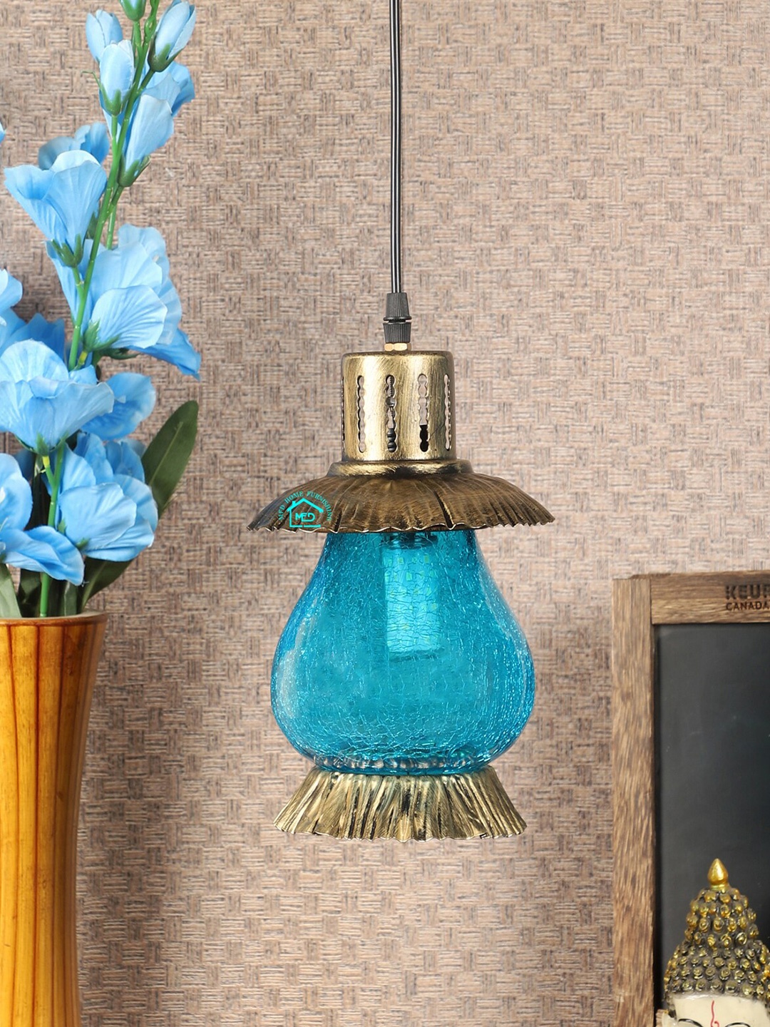 

MFD HOME FURNISHING Copper-Toned & Blue Textured Quirky Hanging Lantern