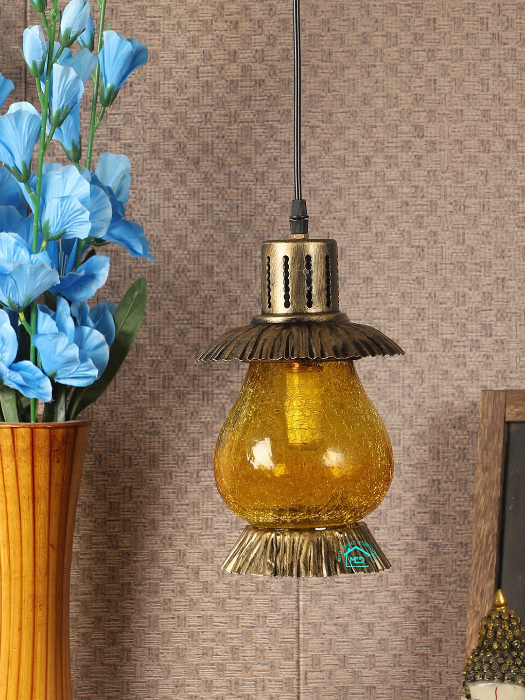 

MFD HOME FURNISHING Yellow & Copper-Toned Textured Quirky Hanging Lamp