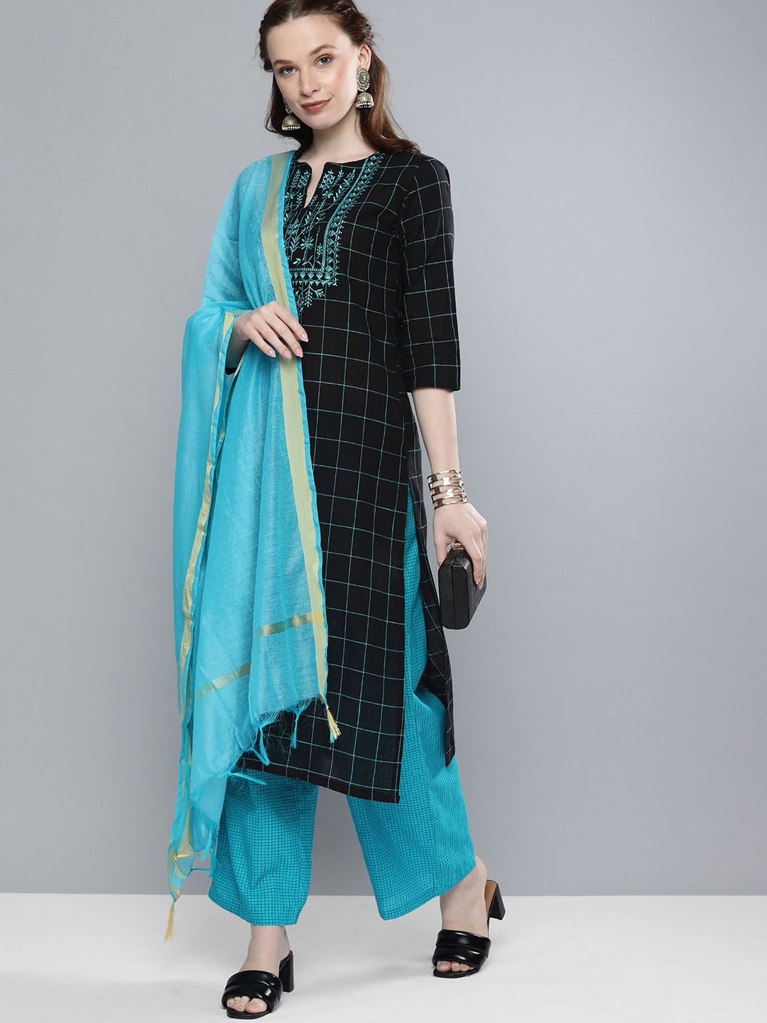 

Vishudh Women Black Checked Kurta with Palazzos & Dupatta