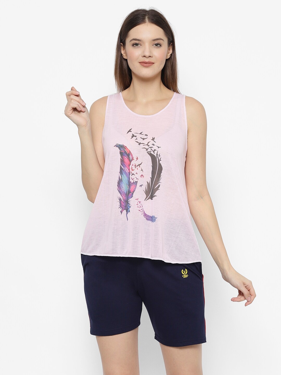 

VIMAL JONNEY Women Pink & Navy Blue Printed Night suit