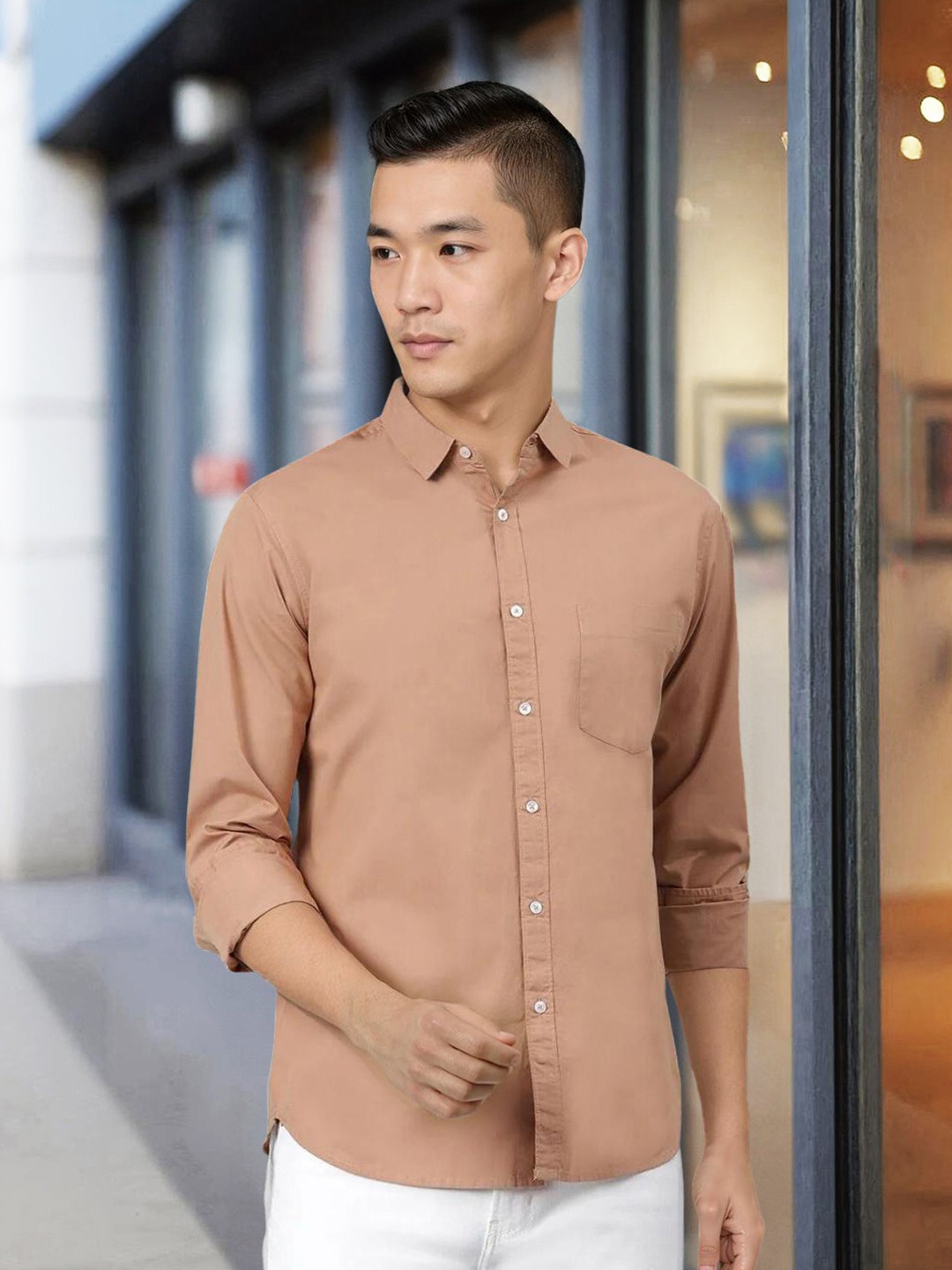 

Dennis Lingo Men Camel Brown Solid Slim Fit Cotton Casual Shirt