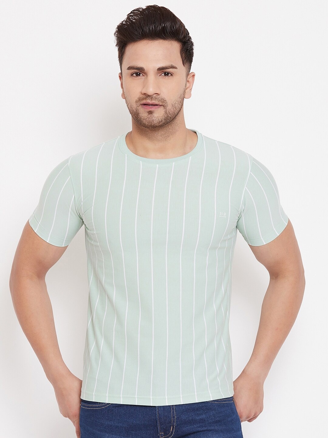 

Okane Men Green Striped Round Neck T-shirt