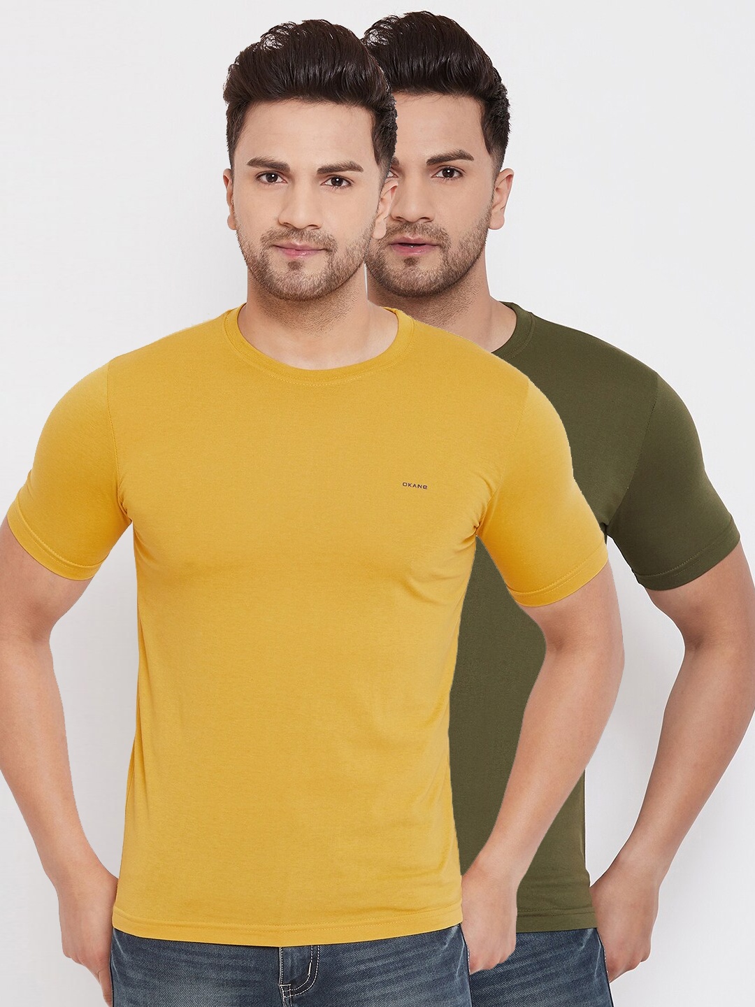 

Okane Men Pack Of 2 Solid Round Neck T-shirt, Mustard