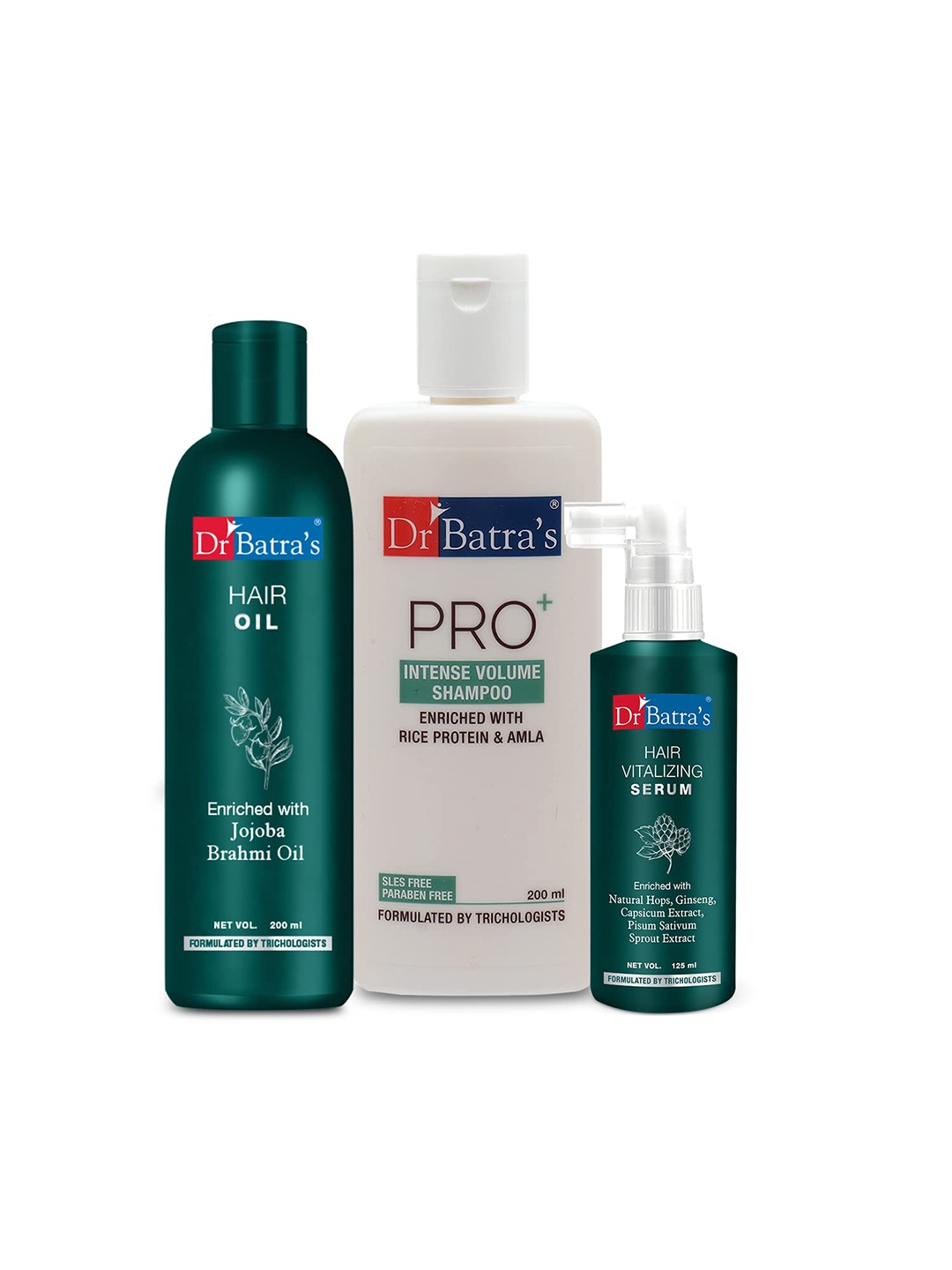 

Dr. Batras Hair Vitalizing Serum 125ml+ Pro+ Intense Volume Shampoo 200ml+ Hair Oil 200ml, Brown