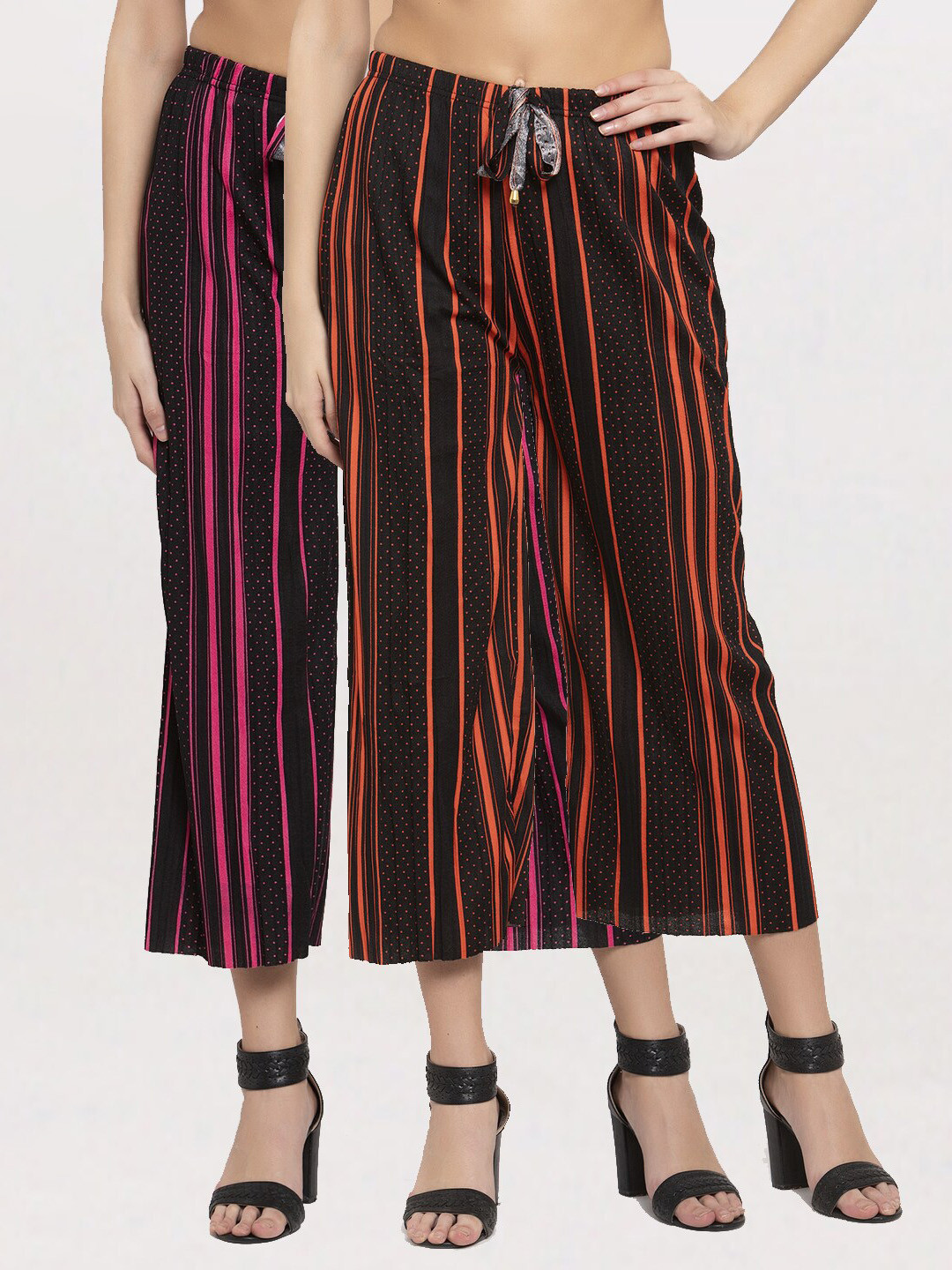 

KLOTTHE Women Pack Of 2 Printed Wide Leg Palazzos, Black