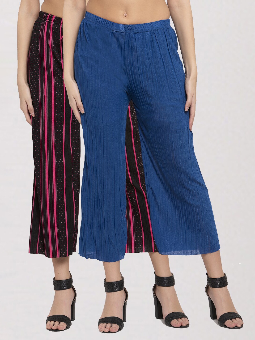 

KLOTTHE Women Pack of 2 Black & Blue Printed Wide Leg Palazzos