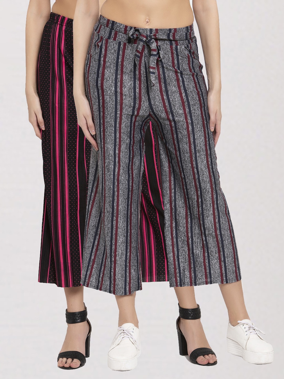 

KLOTTHE Women Pack of 2 Grey & Black Printed Wide Leg Palazzos