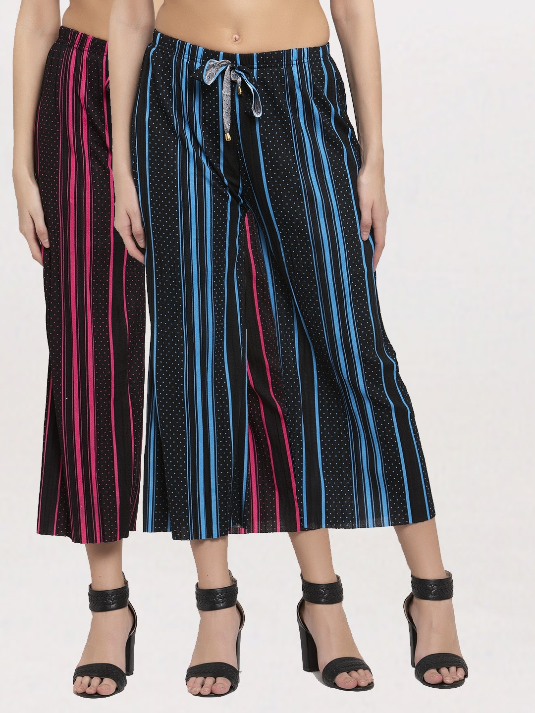 

KLOTTHE Women Pack Of 2 Black & Blue Striped Wide Leg Palazzos