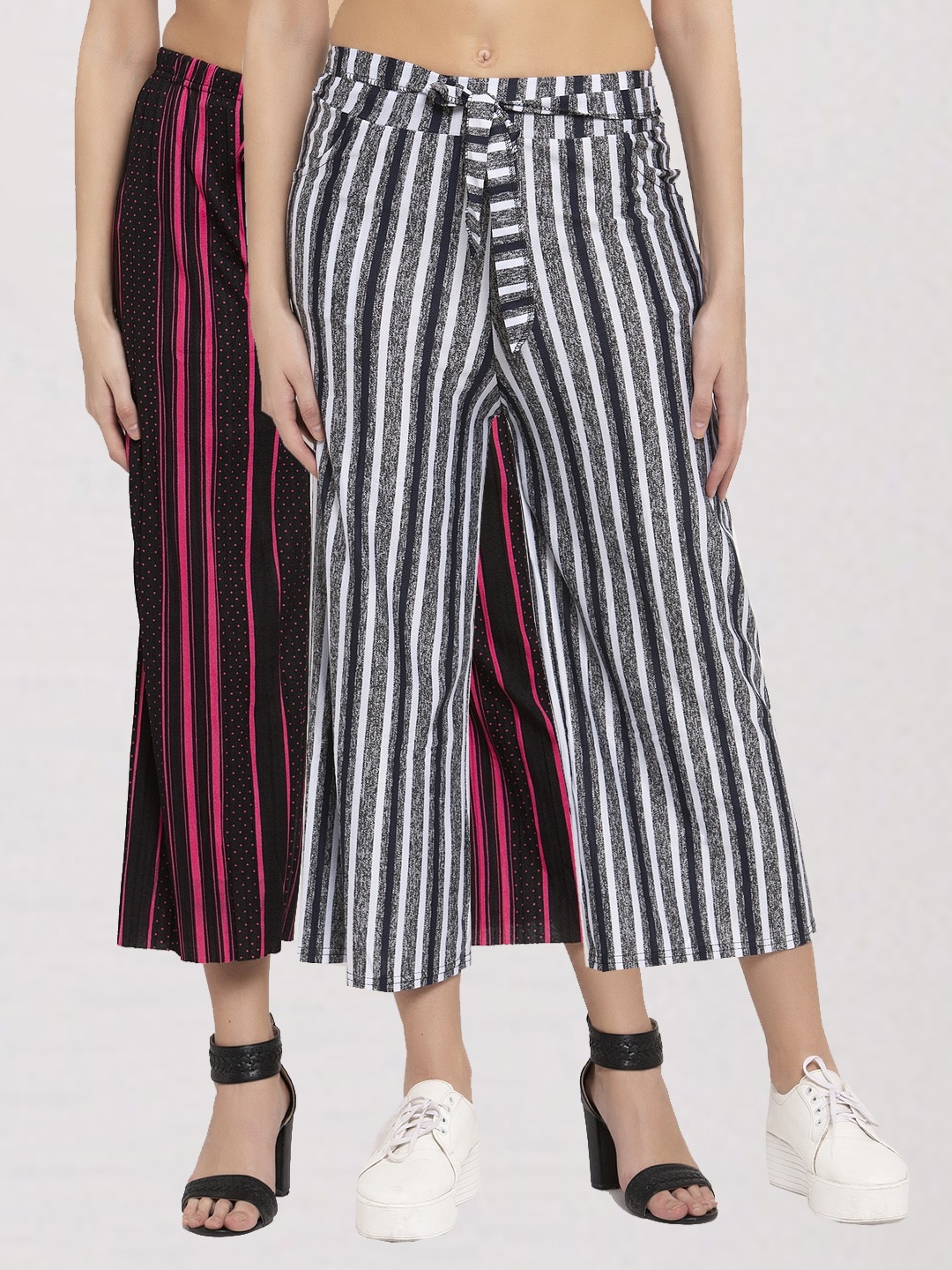 

KLOTTHE Women Pack Of 2 Black & Magenta Printed Wide Leg Palazzos