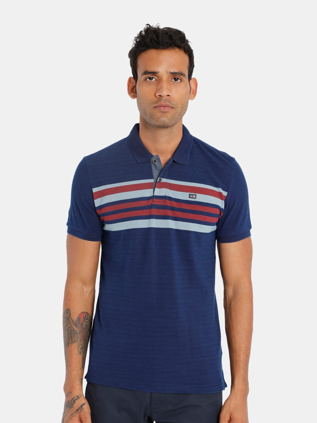 

Arrow Sport Men Navy Blue & Red Pure Cotton Striped Polo Collar T-shirt