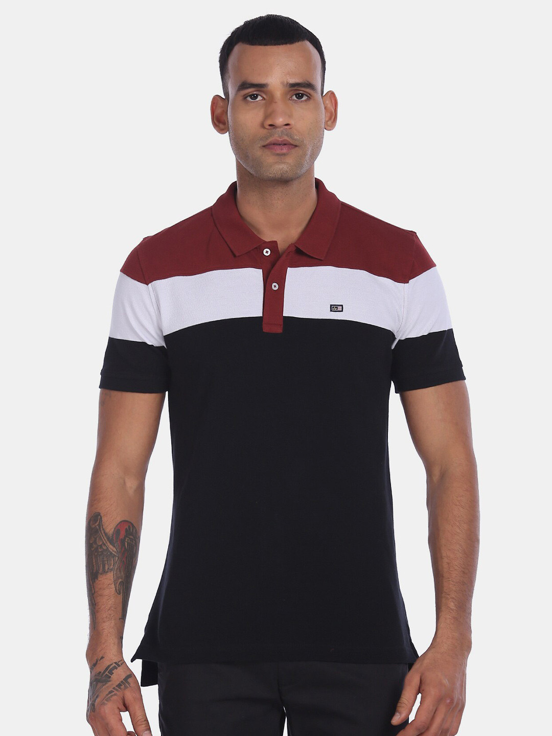 

Arrow Sport Men Maroon & Black Pure Cotton Colourblocked Polo Collar T-shirt