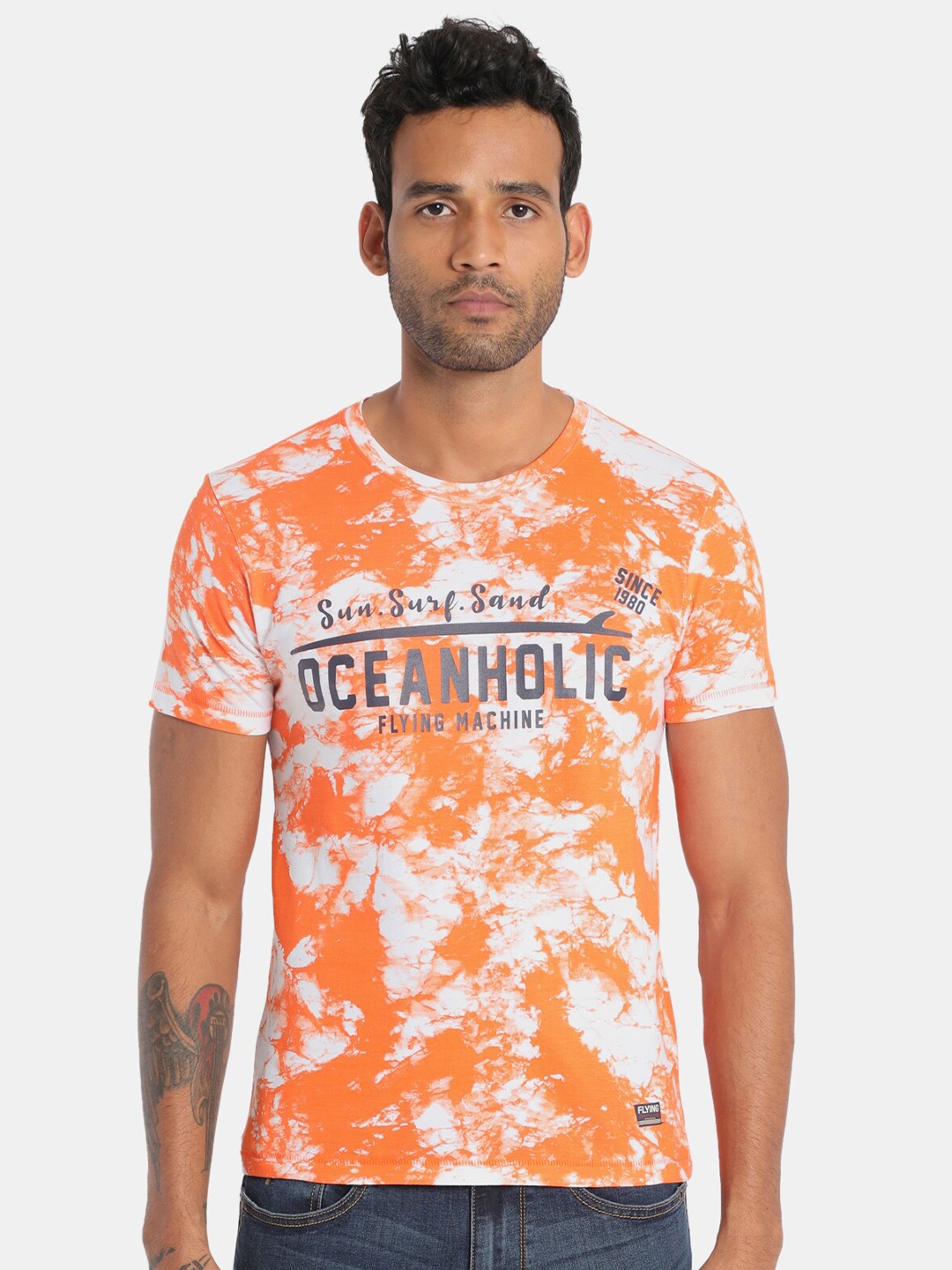 

Flying Machine Men Orange & White Printed Round Neck T-shirt