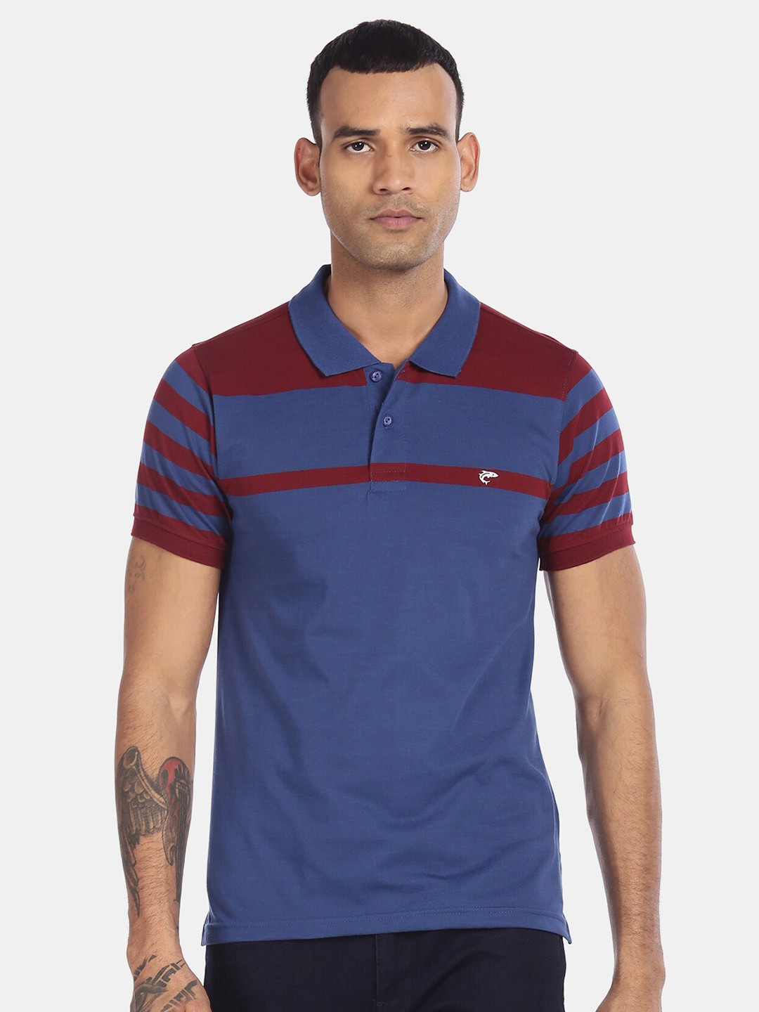 

Ruggers Men Blue & Maroon Striped Polo Collar T-shirt