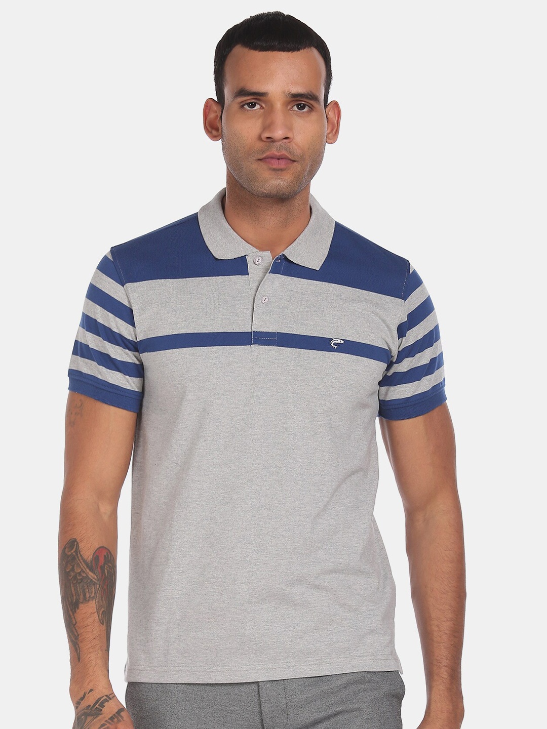 

Ruggers Men Grey & Blue Striped Polo Collar T-shirt