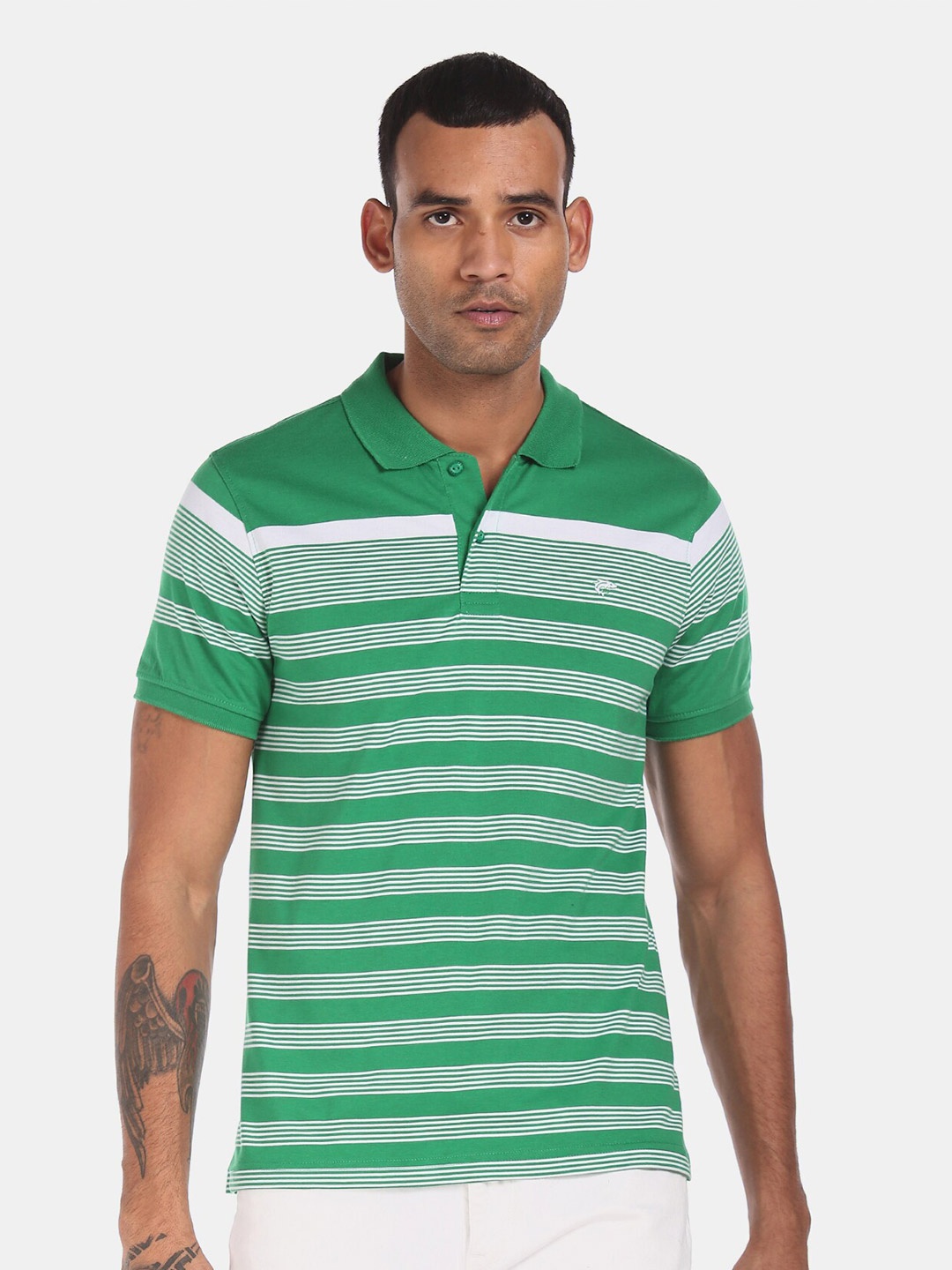 

Ruggers Men Green & White Striped Polo Collar T-shirt