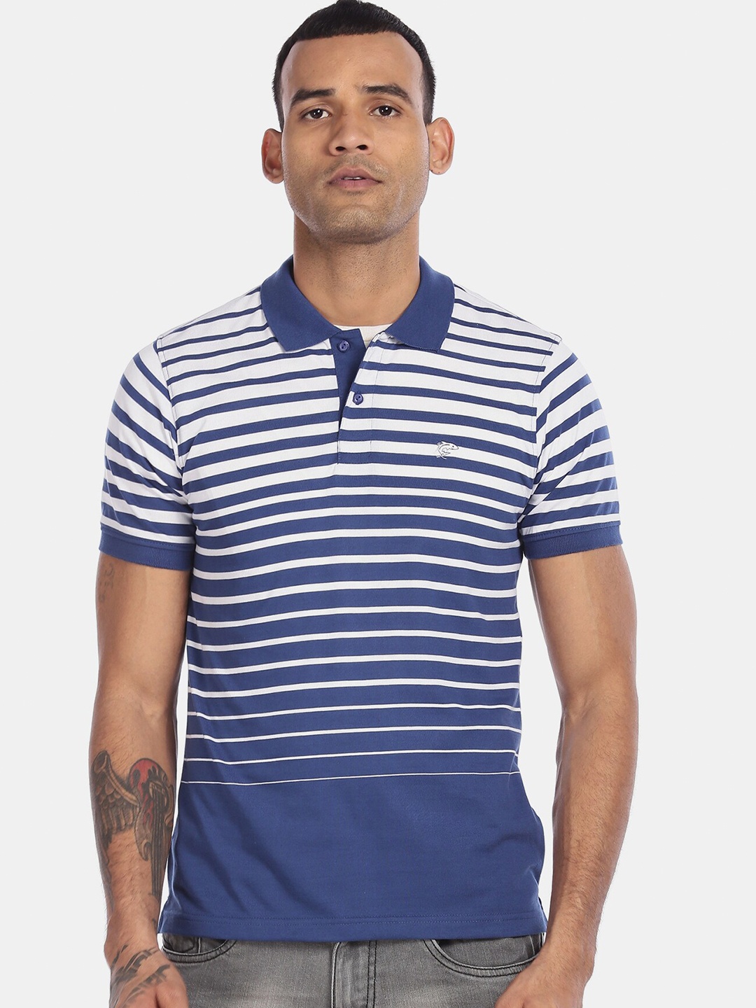

Ruggers Men Navy Blue & White Striped Polo Collar T-shirt