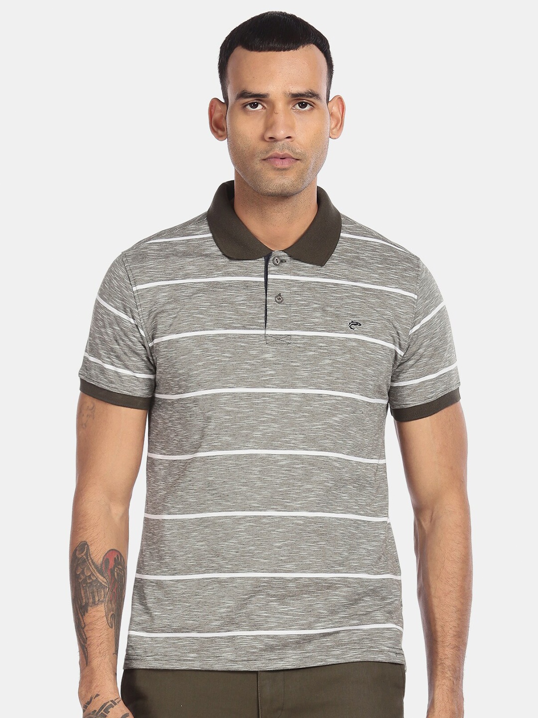 

Ruggers Men Grey & White Striped Polo Collar T-shirt