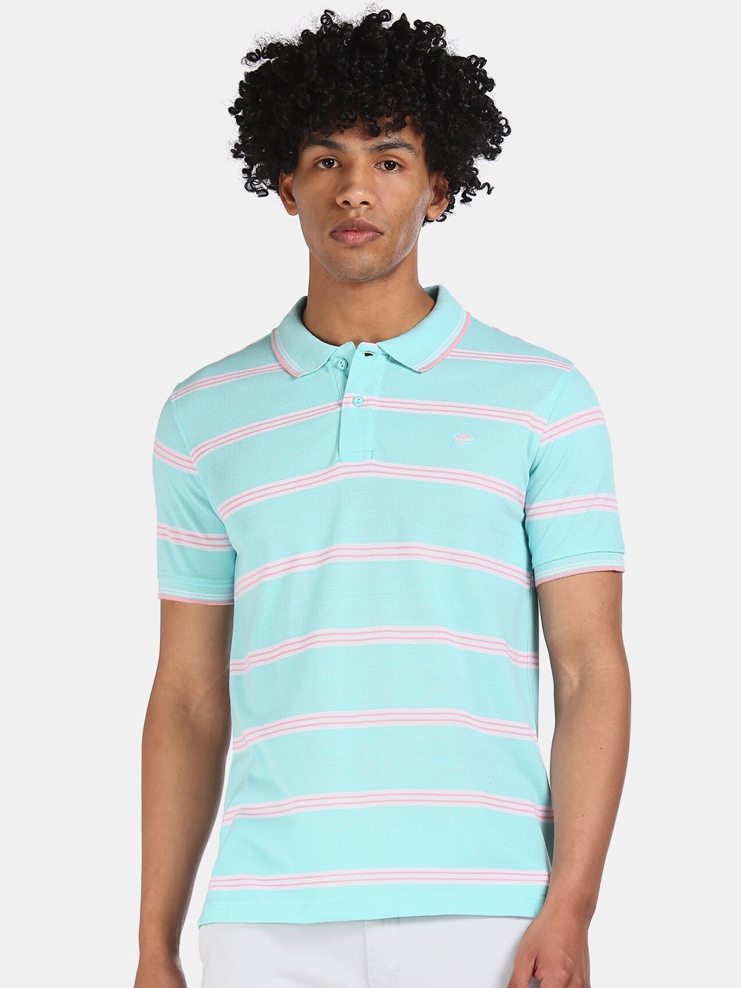

Ruggers Men Turquoise Blue & Pink Striped Polo Collar T-shirt