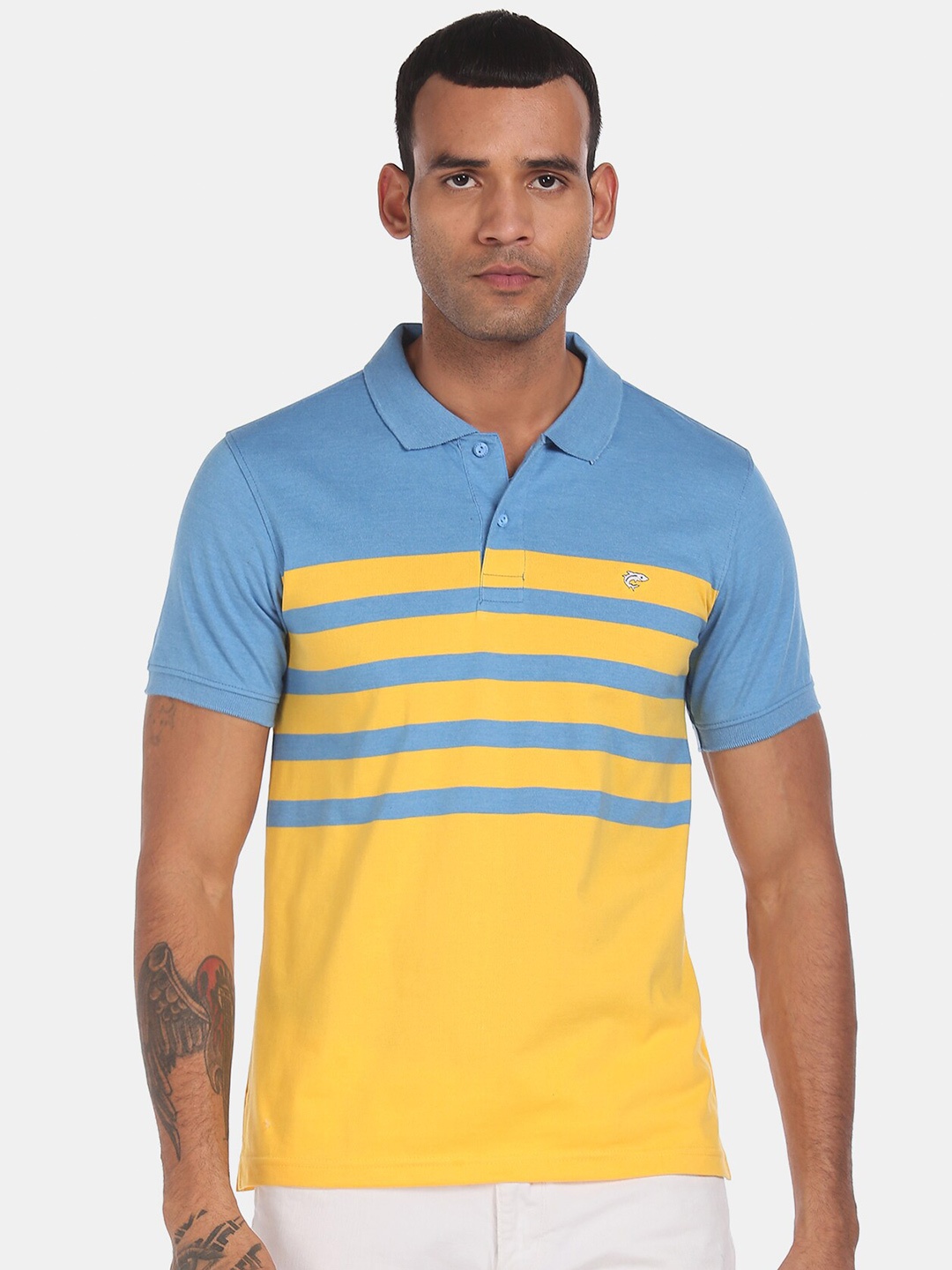 

Ruggers Men Yellow & Blue Striped Polo Collar T-shirt