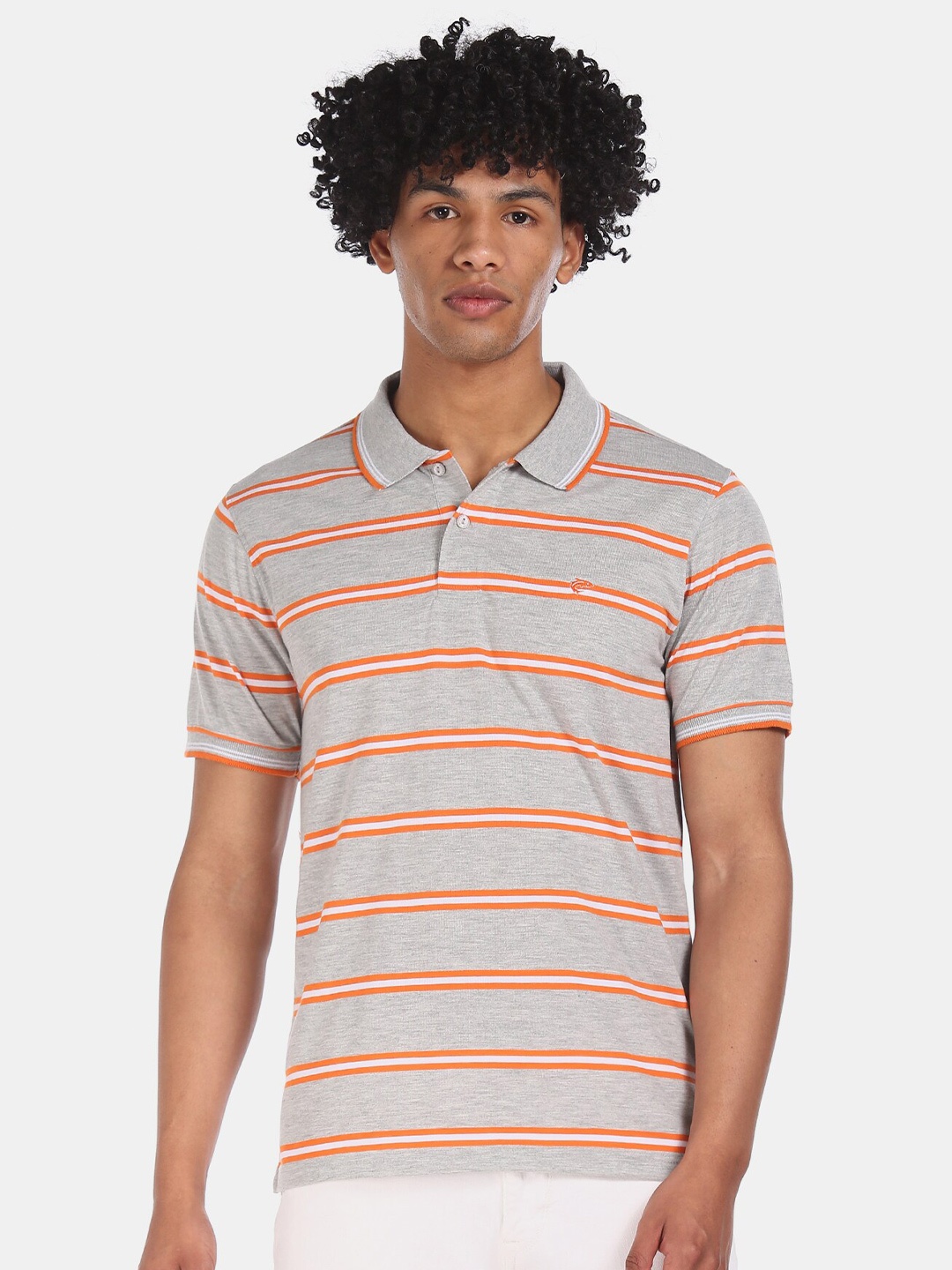 

Ruggers Men Grey & Orange Striped Polo Collar T-shirt