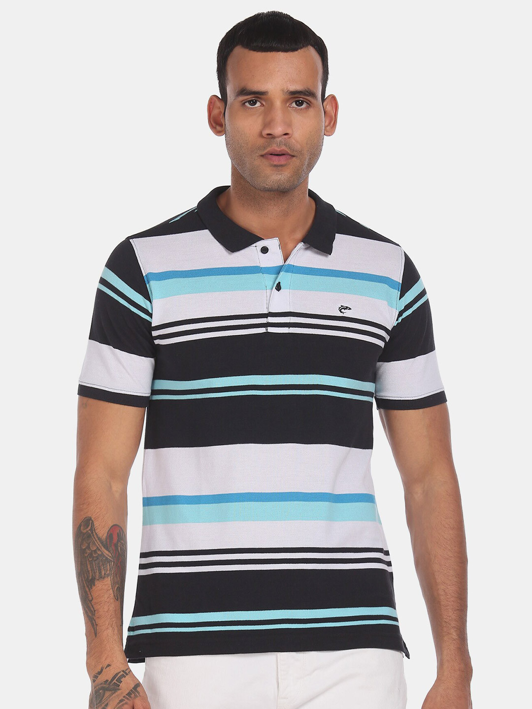 

Ruggers Men White & Navy Blue Striped Polo Collar T-shirt