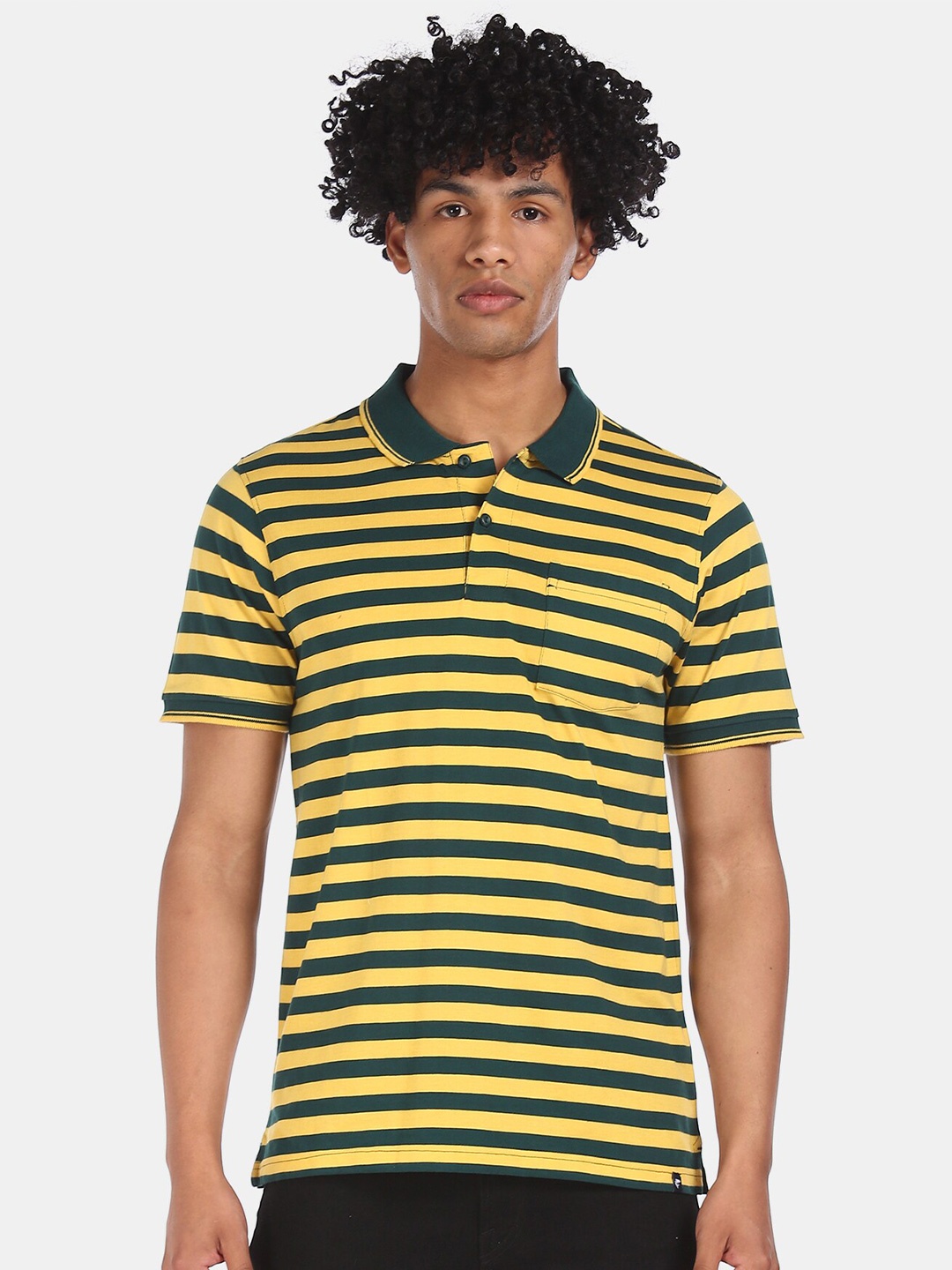 

Ruggers Men Yellow & Green Striped Polo Collar T-shirt