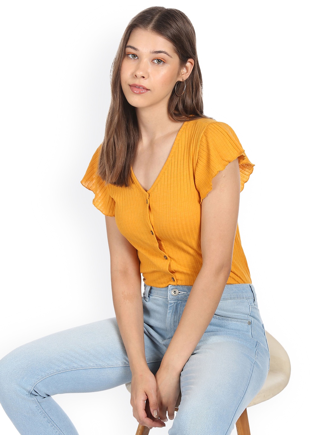 

Sugr Mustard Yellow V-Neck Flutter Sleeve Rib Knit Top