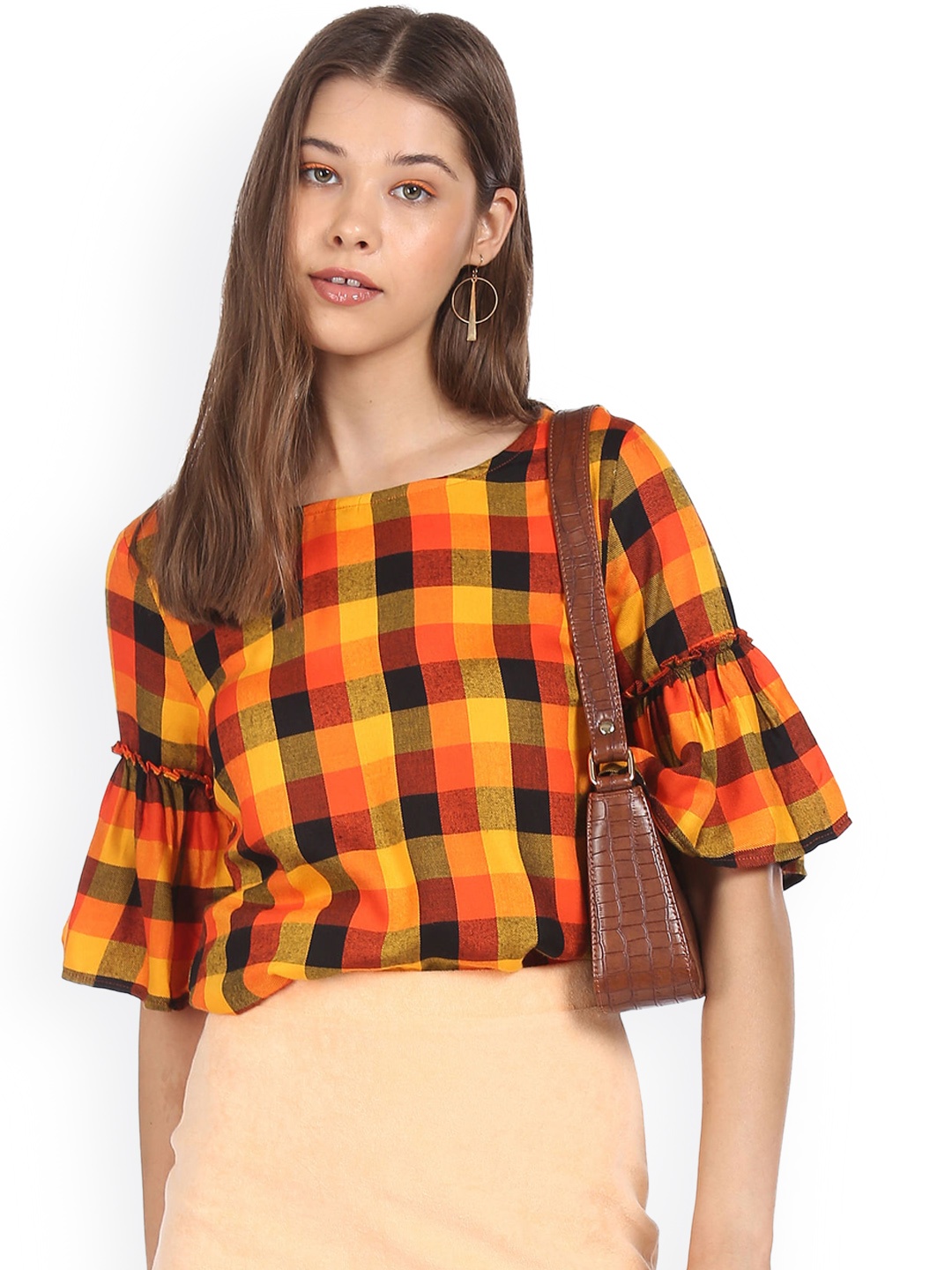

Sugr Multi-Coloured Bell Sleeve Check Top, Orange