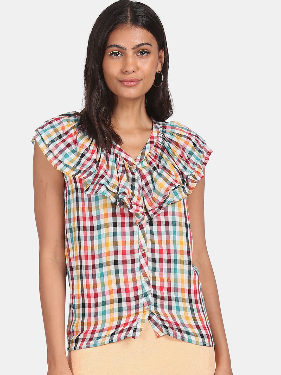 

Sugr Multi-Coloured V-Neck Ruffle Detail Check Top, Red