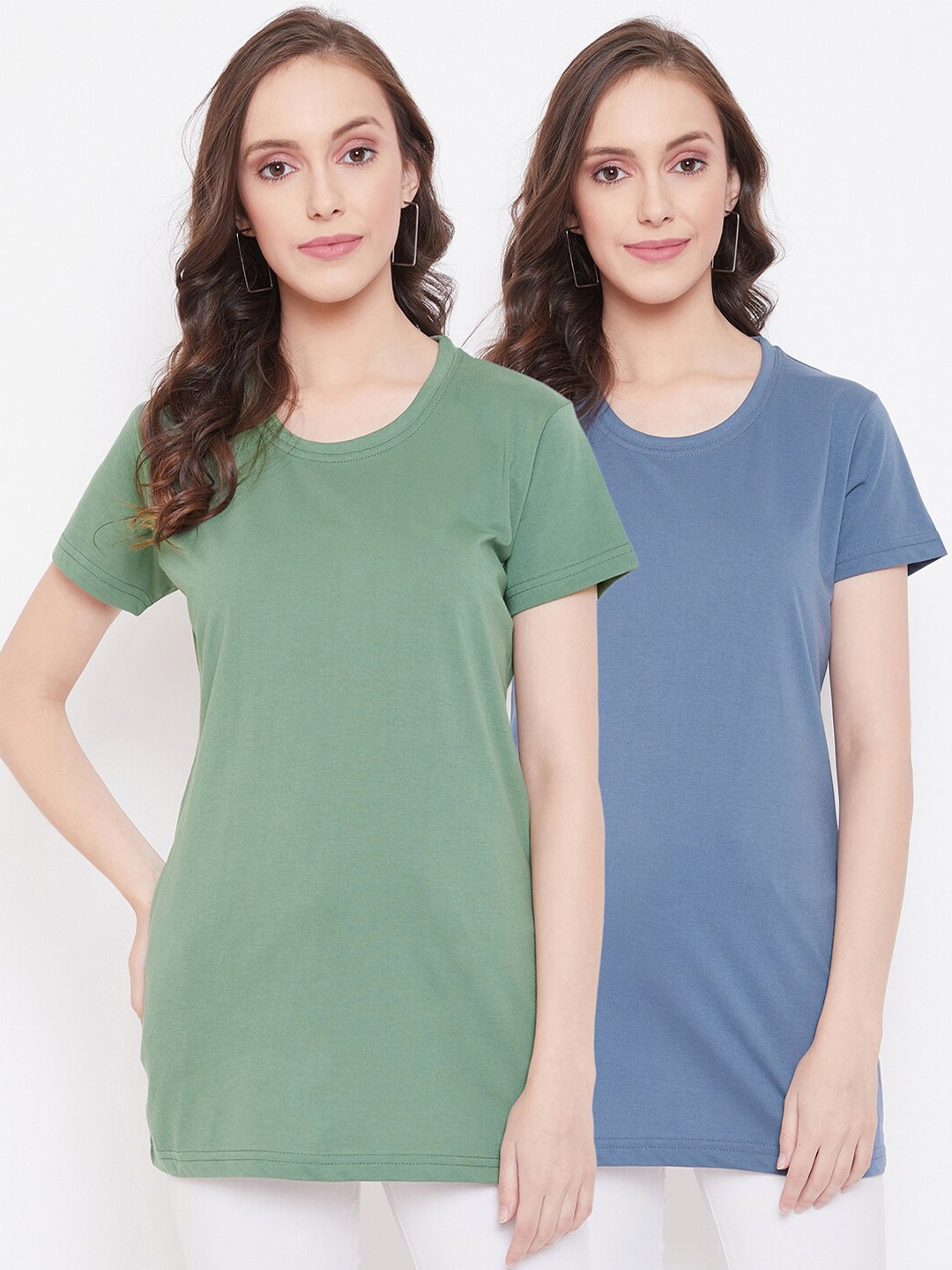 

Okane Women Pack of 2 Solid Round Neck Longline T-shirts, Green