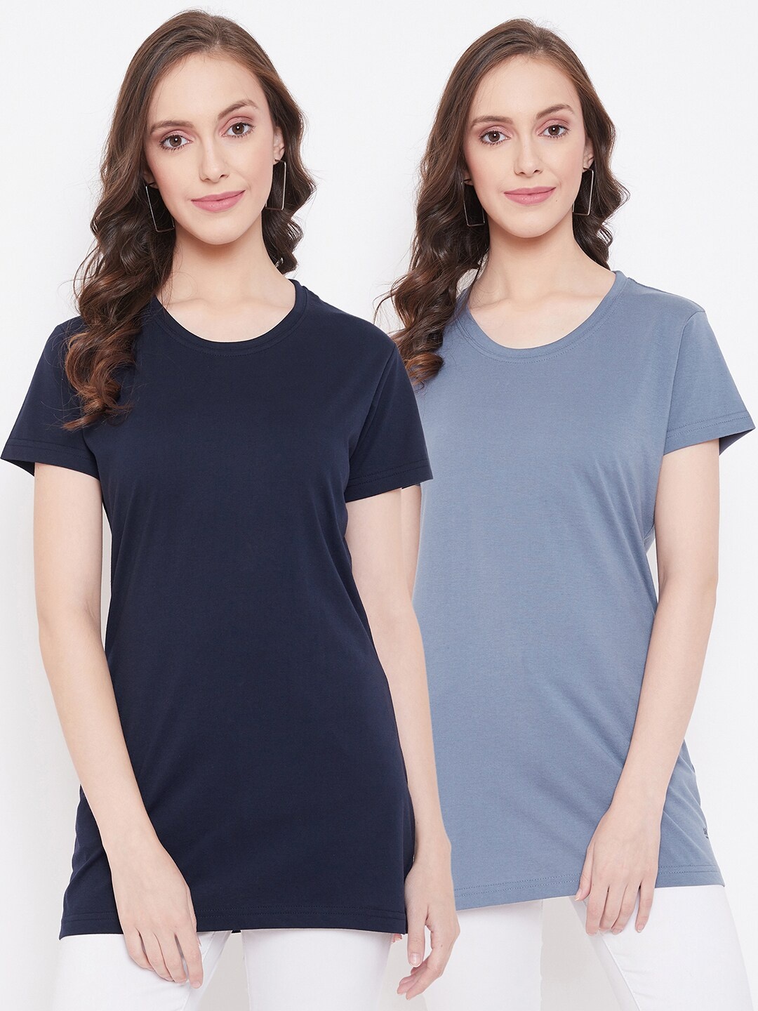 

Okane Women Pack of 2 Blue Solid Round Neck Longline T-shirts