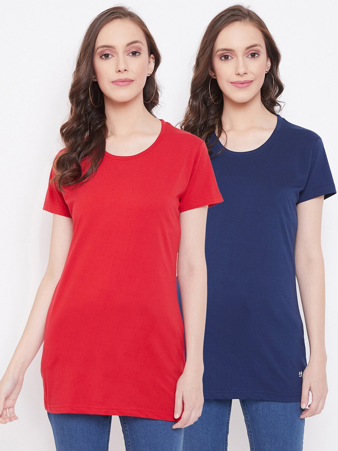 

Okane Women Pack of 2 Solid Round Neck Longline T-shirts, Red