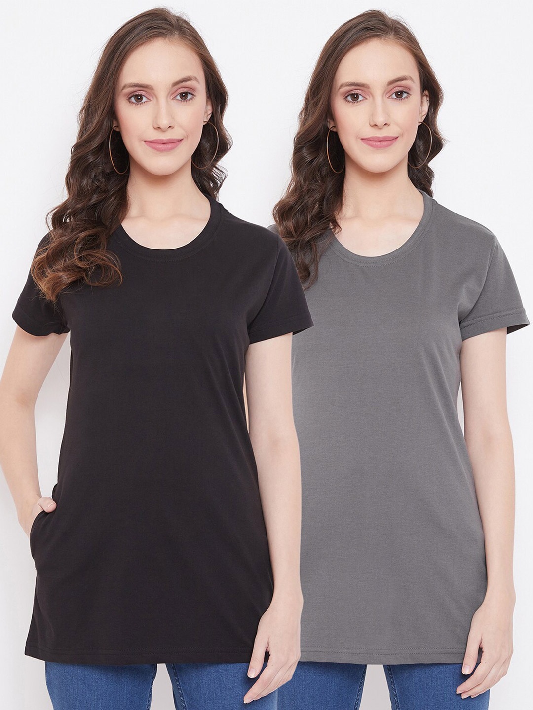 

Okane Women Pack of 2 Solid Round Neck Longline T-shirts, Black