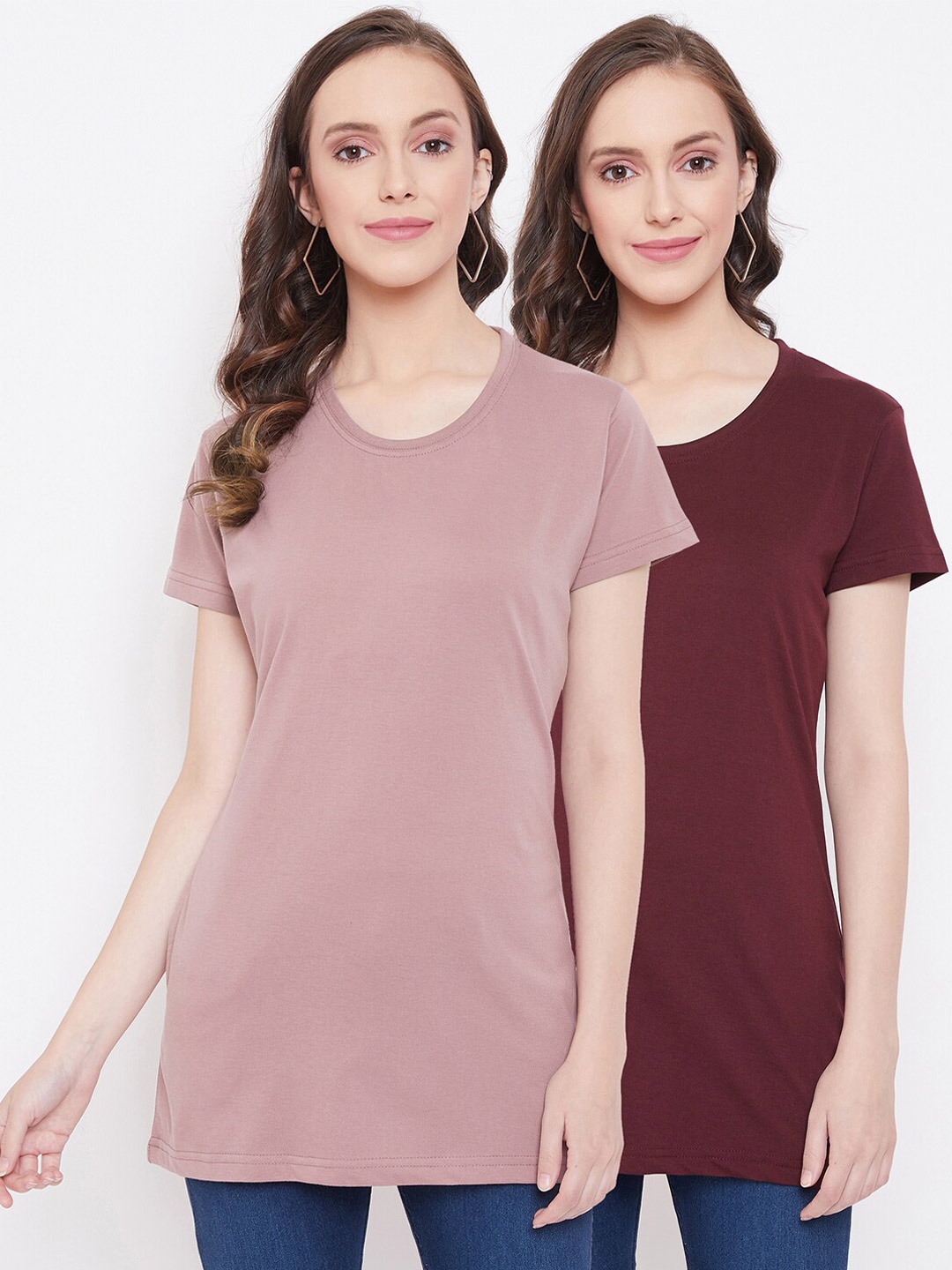 

Okane Women Pack of 2 Solid Round Neck Longline T-shirts, Pink