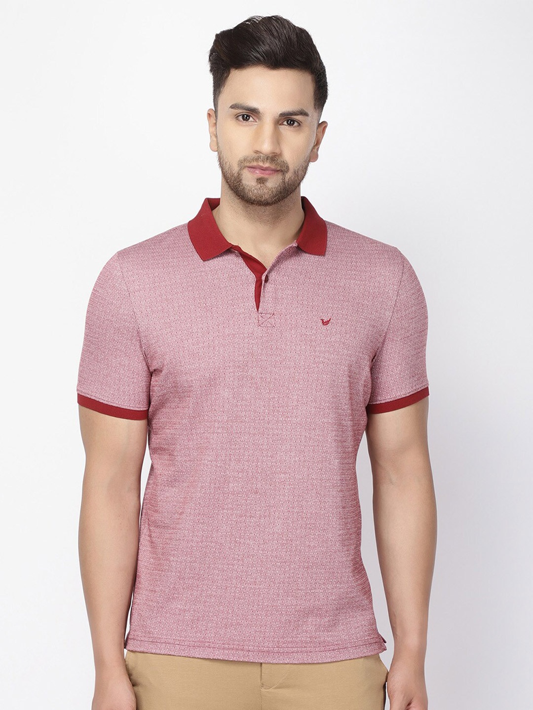 

Blackberrys Men Maroon & Off-White Slim Fit Self Design Polo Collar T-shirt