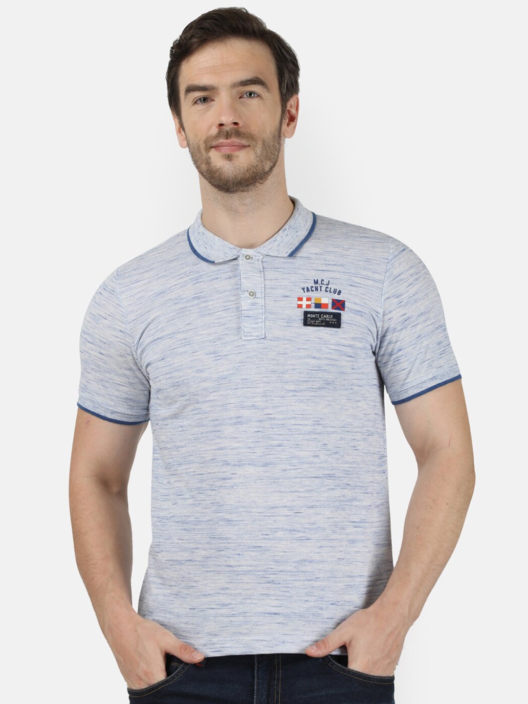 

Monte Carlo Men Grey Melange Solid Polo Collar T-shirt