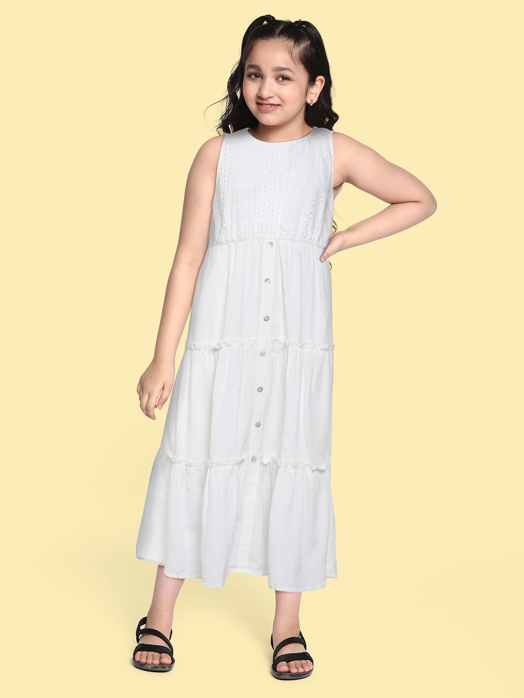

AND Girls White Self Design Pure Cotton Fit & Flare Dress