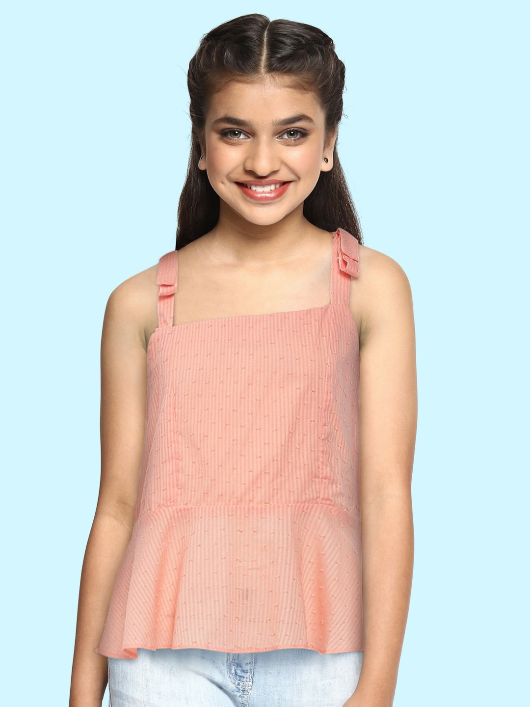 

AND Girls Pink Self Design Pure Cotton Peplum Top