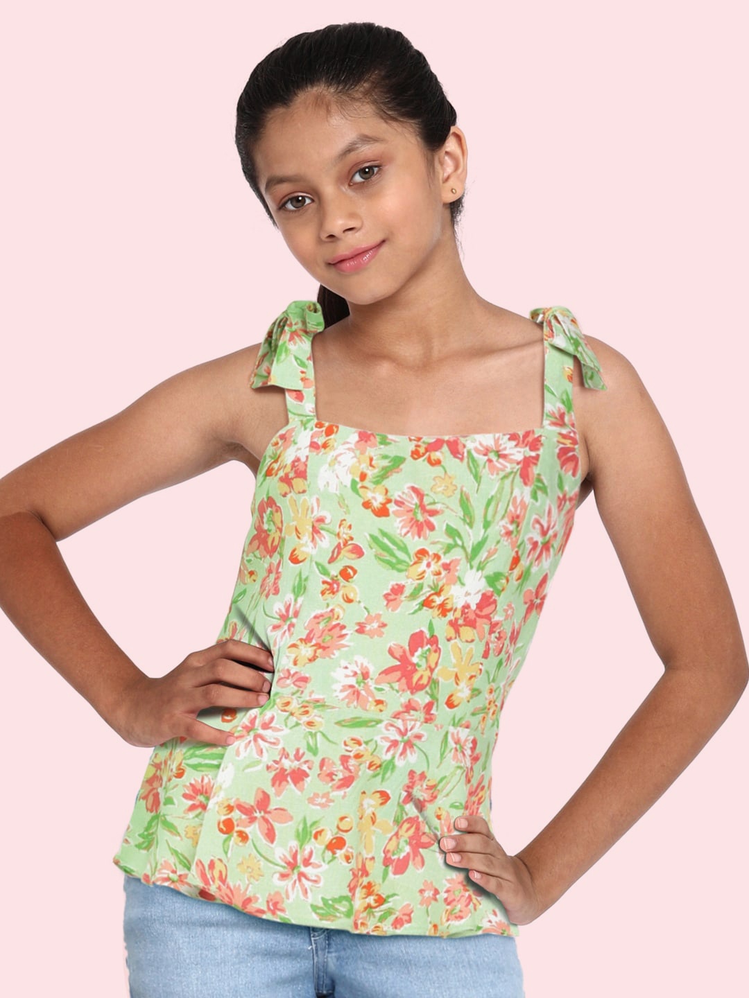 

AND Yellow Floral Print Smocked Peplum Top